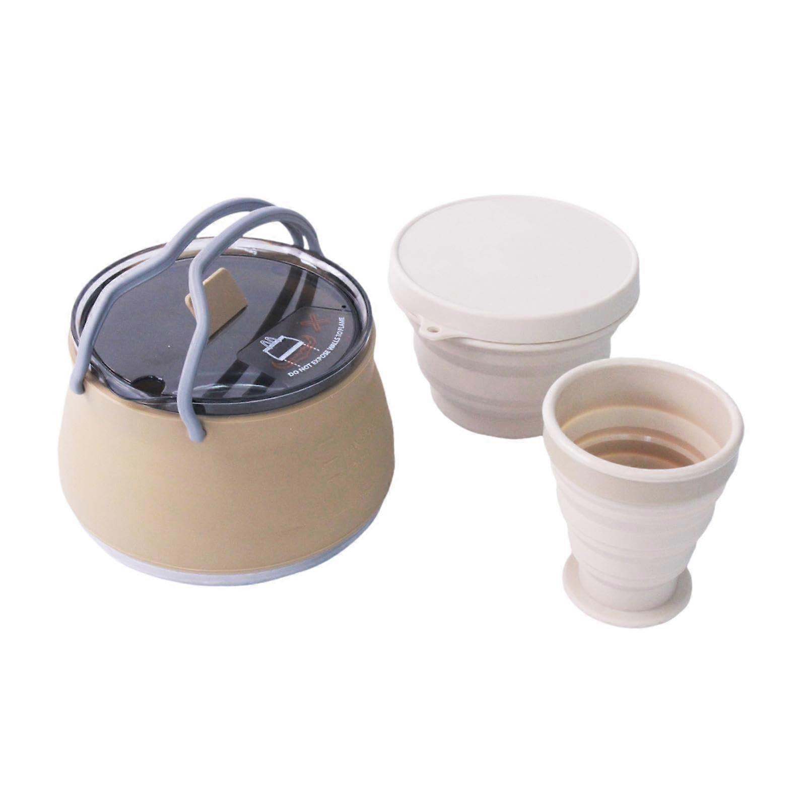 Collapsible Camping Kettle Set, Portable Teapot with Cup and Bowl, Khaki Travel Water Boiler for Outdoor, Hiking, and Picnics
