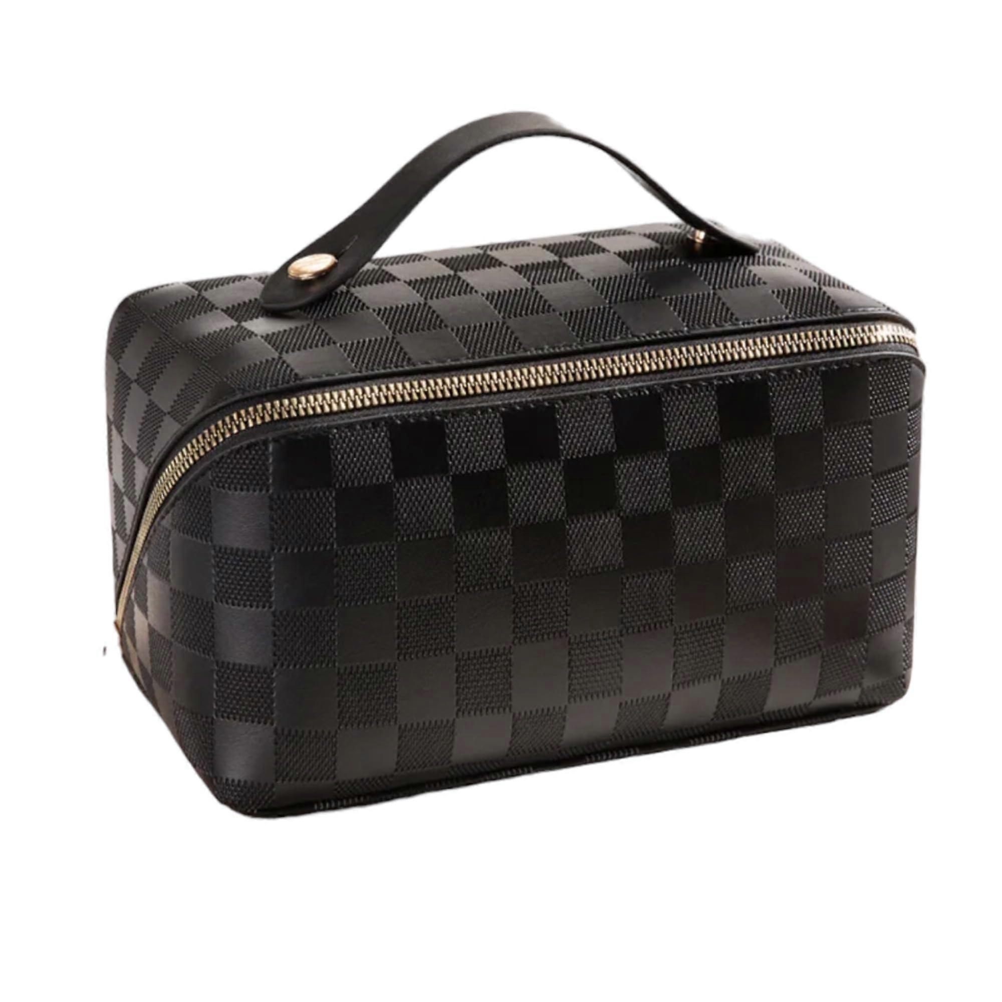 PU Leather Toiletry Organizer Large Opens Flat For Easy Access Travel Cosmetics Grid-Black