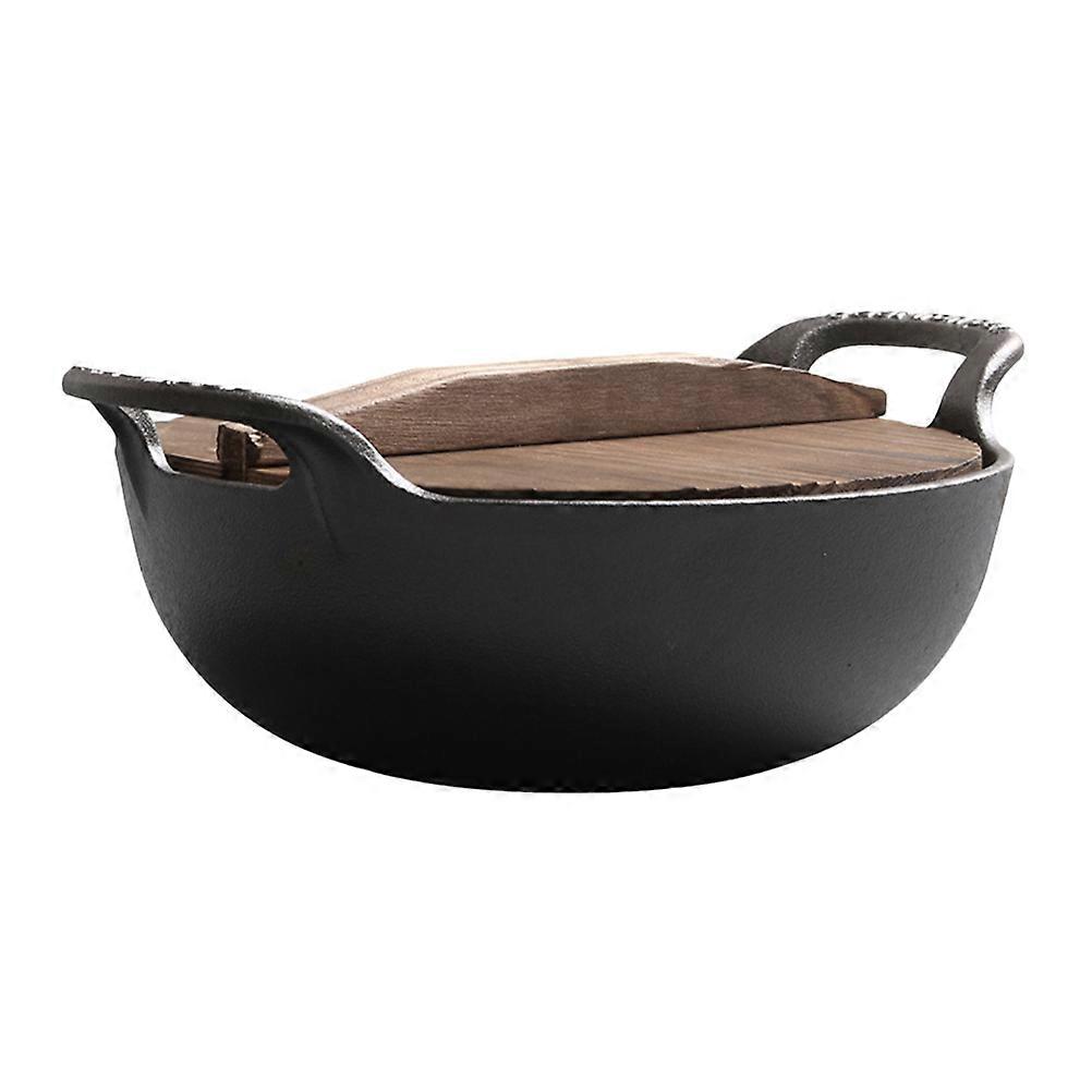 Cast Iron Cookware Pot with Wooden Lid, Smooth Surface, Multi Function Outdoor Hot Pot Pan for Stewing, Stir Fry, BBQ, Japanese Cuisine, Suitable for