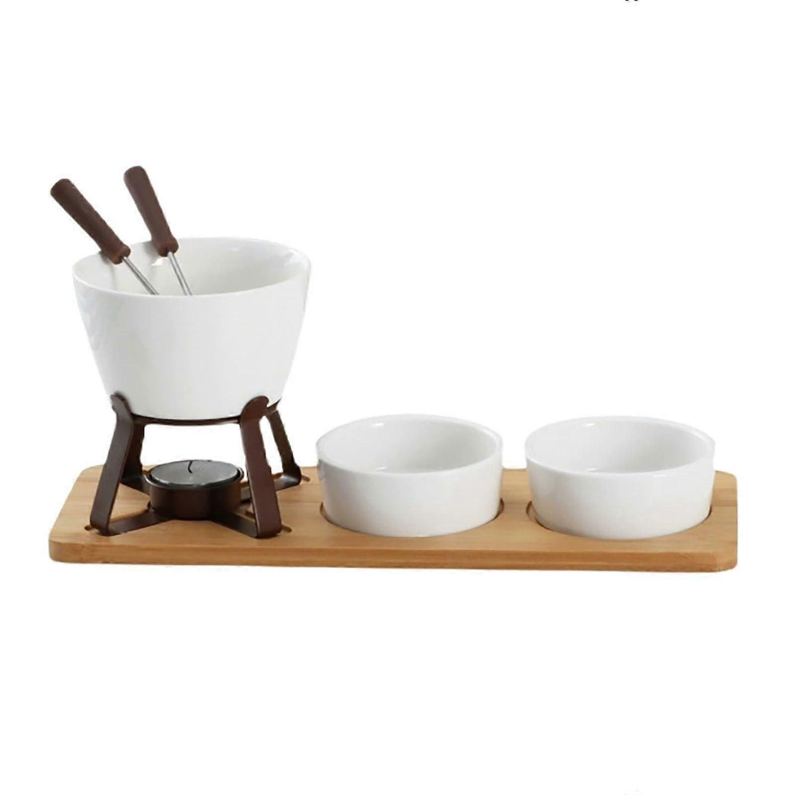 Chocolate Fondue Set with Cheese Fondue Accessories, 2 Fruit Forks, 2 Bowls, Wooden Tray, Home Butter Warmer Kit