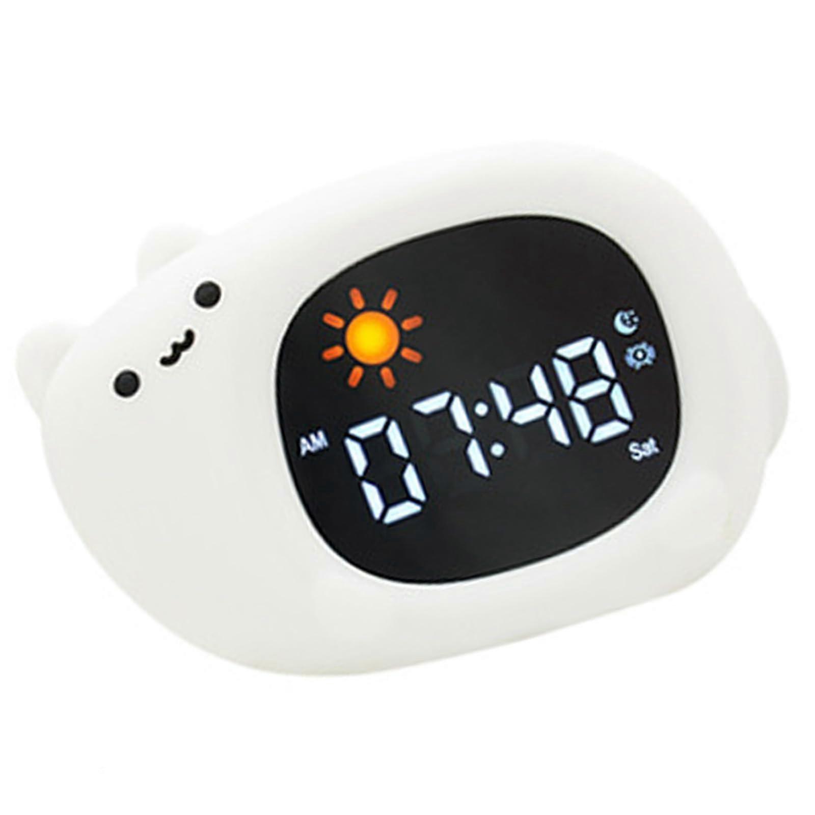 Childfriendly cartoon alarm clock with night light functionality, 1800 mAh, powerful, for bedroom or desktop use.