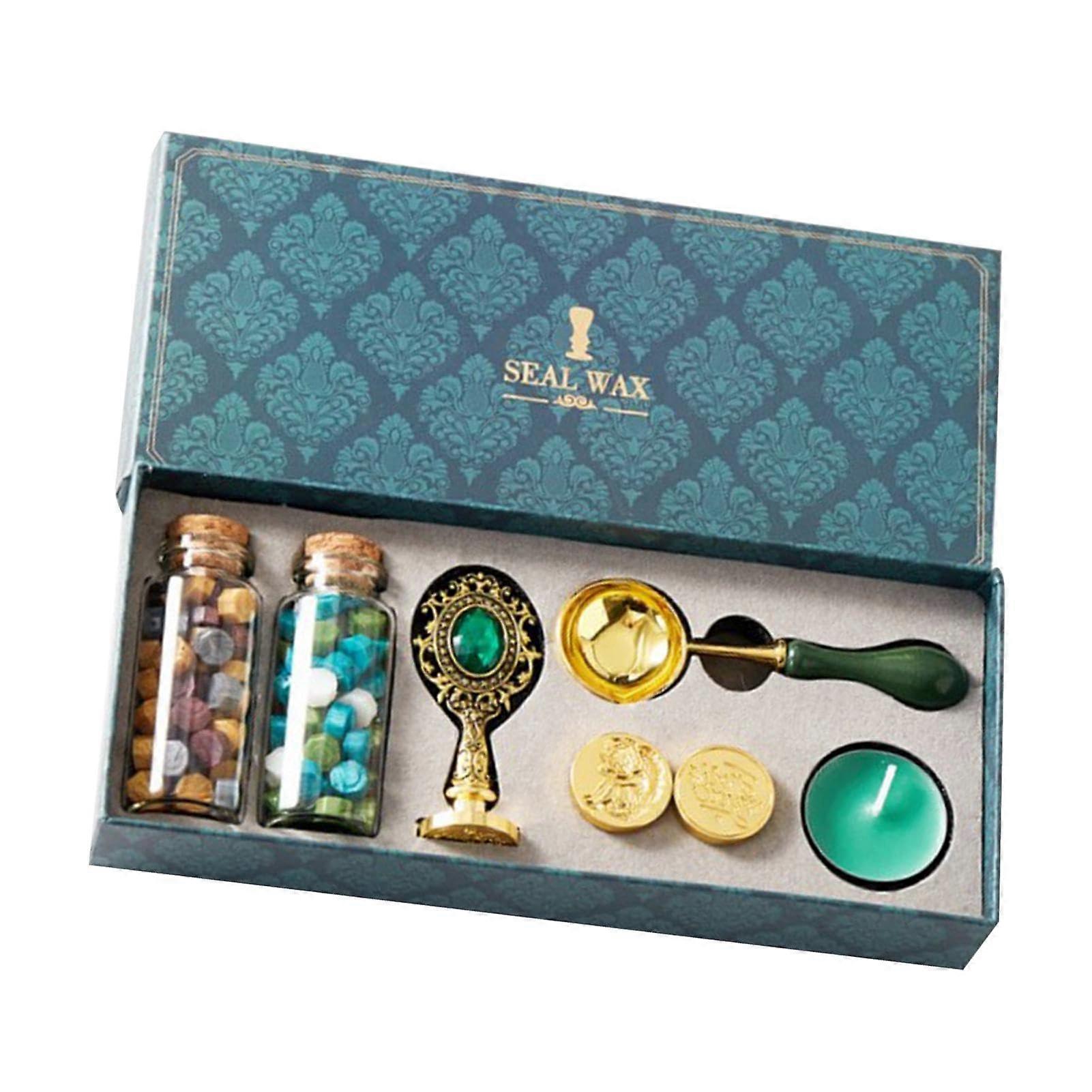 Stamp Making Kit - Wax Seal Stamp Set with Letters, Dark Green and Gold, Complete with Warming Bead Spoon for Mail Sealing