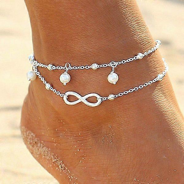 Boho multi-layered silver anklet, beads, charm