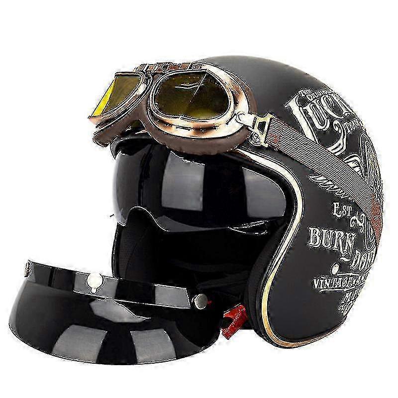 Retro Open-Face 3/4 Motorcycle Helmet for Adults with Goggles & Sun Visor - Lucky 13 Style