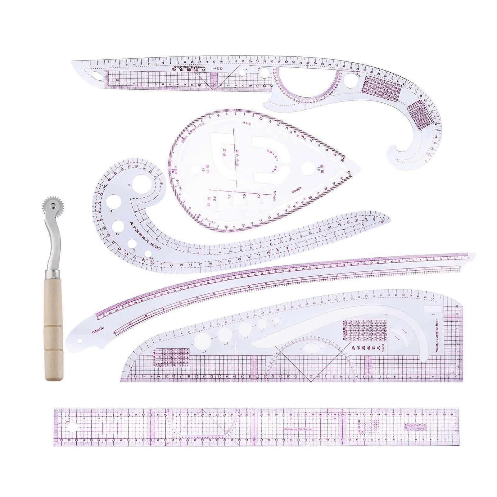 Set with French curve rulers, 7 sewing rolls, sewing kit, 7piece set with patterns, for adjustment of