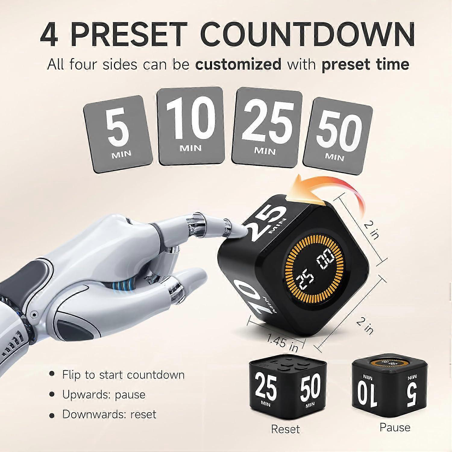 2025 Newest Pomodoro Timer, 5, 25, 10, 50 Minutes Presets, Desk Efficiency Cube