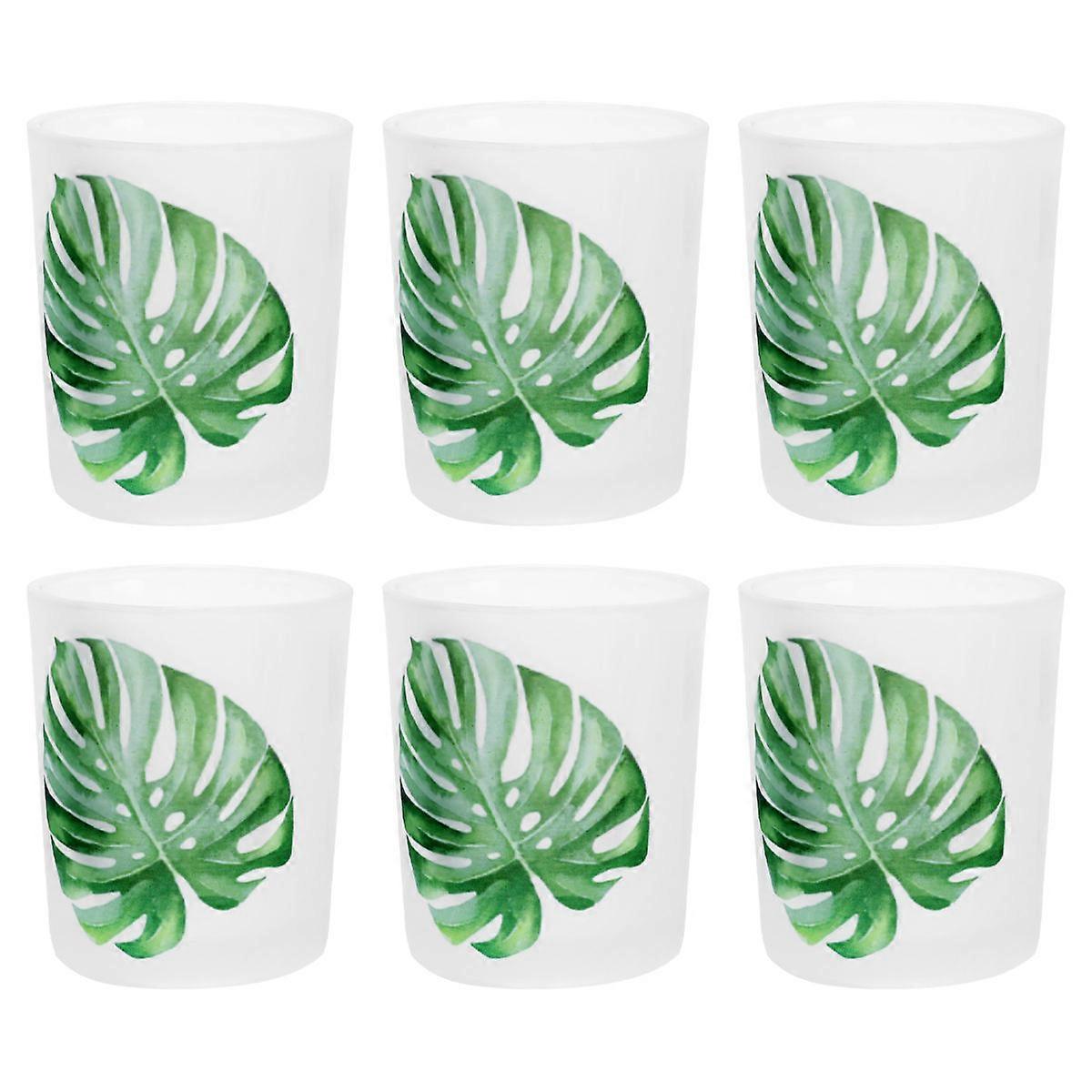 6 Pcs Creative Glass Candlestick Printing with Monstera Pattern Candle Holder for Desktop Decoration