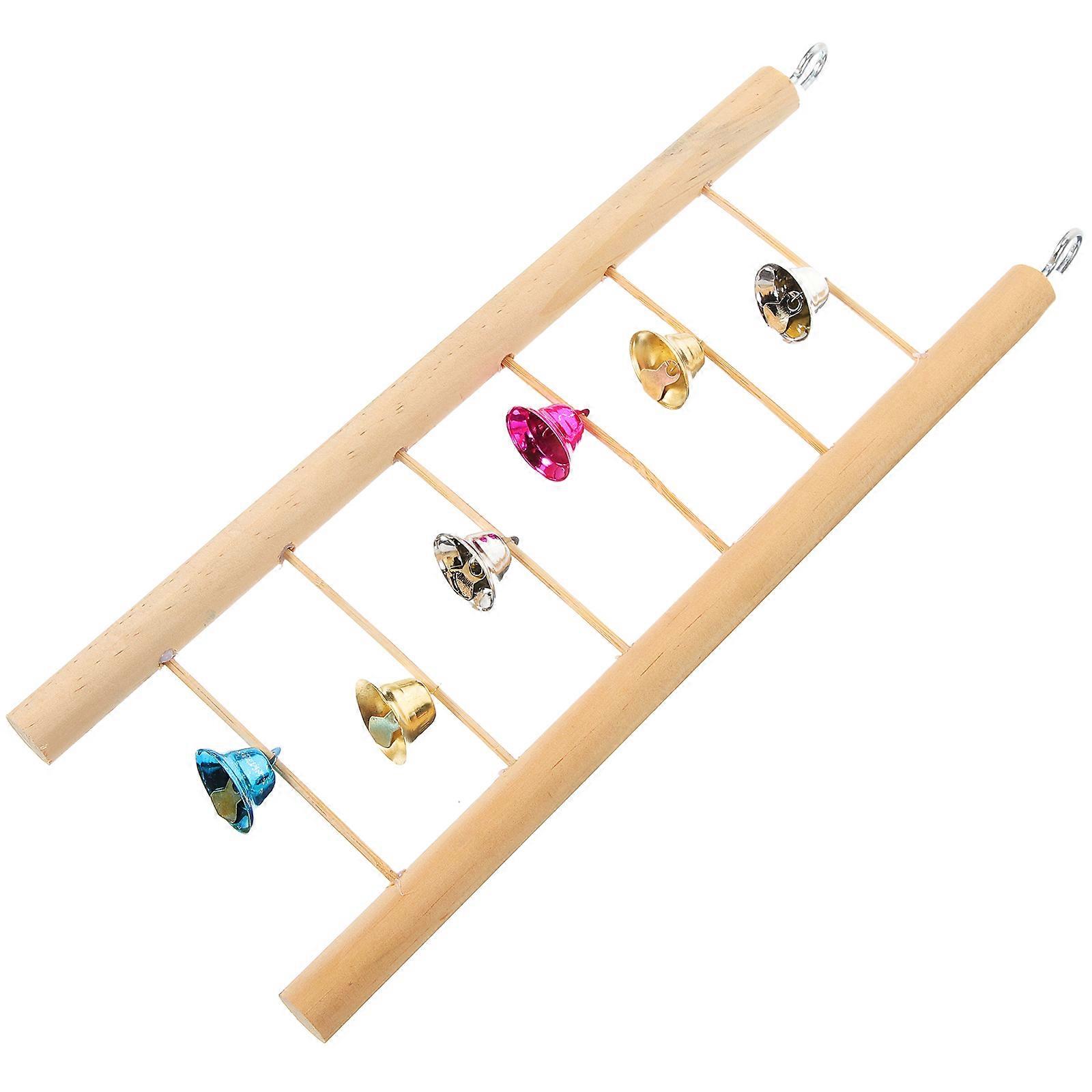 Wooden Ladder for Birds with Bells Safe Beige Parrot Toy for Climbing and Playing 7.5 inches