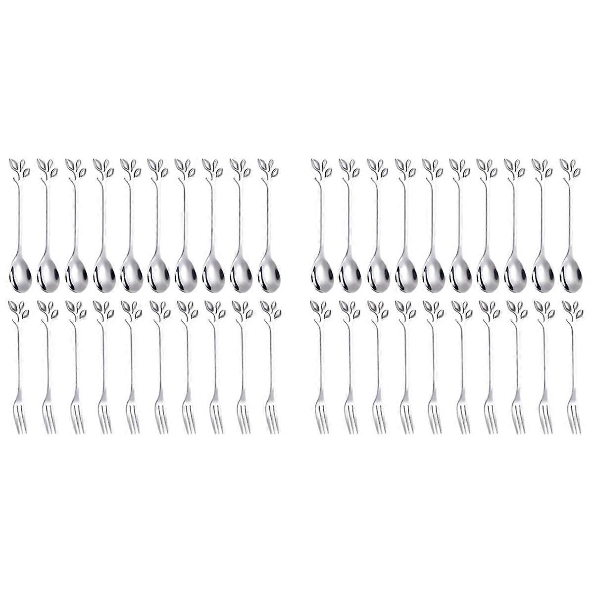 Dessert Spoon Fork Set,20 Pcs 4.7 Inch Cake Fork,Coffee Spoon, Leaf Fruit Fork,(10 Spoon + 10 Fork)