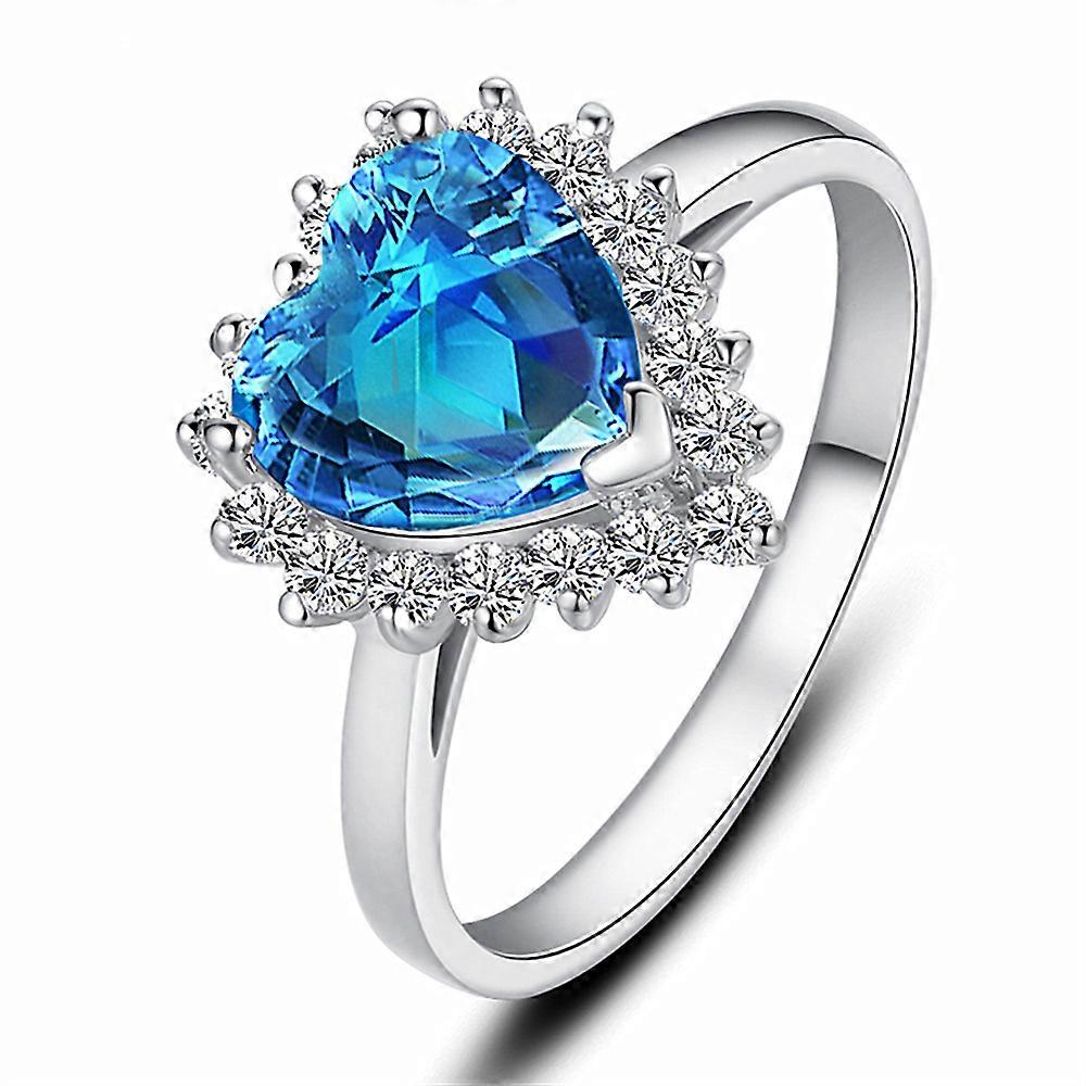 Heart Shape Blue Crystal Ring, Titanic Ocean Heart Micro Inlaid Adjustable Open Band