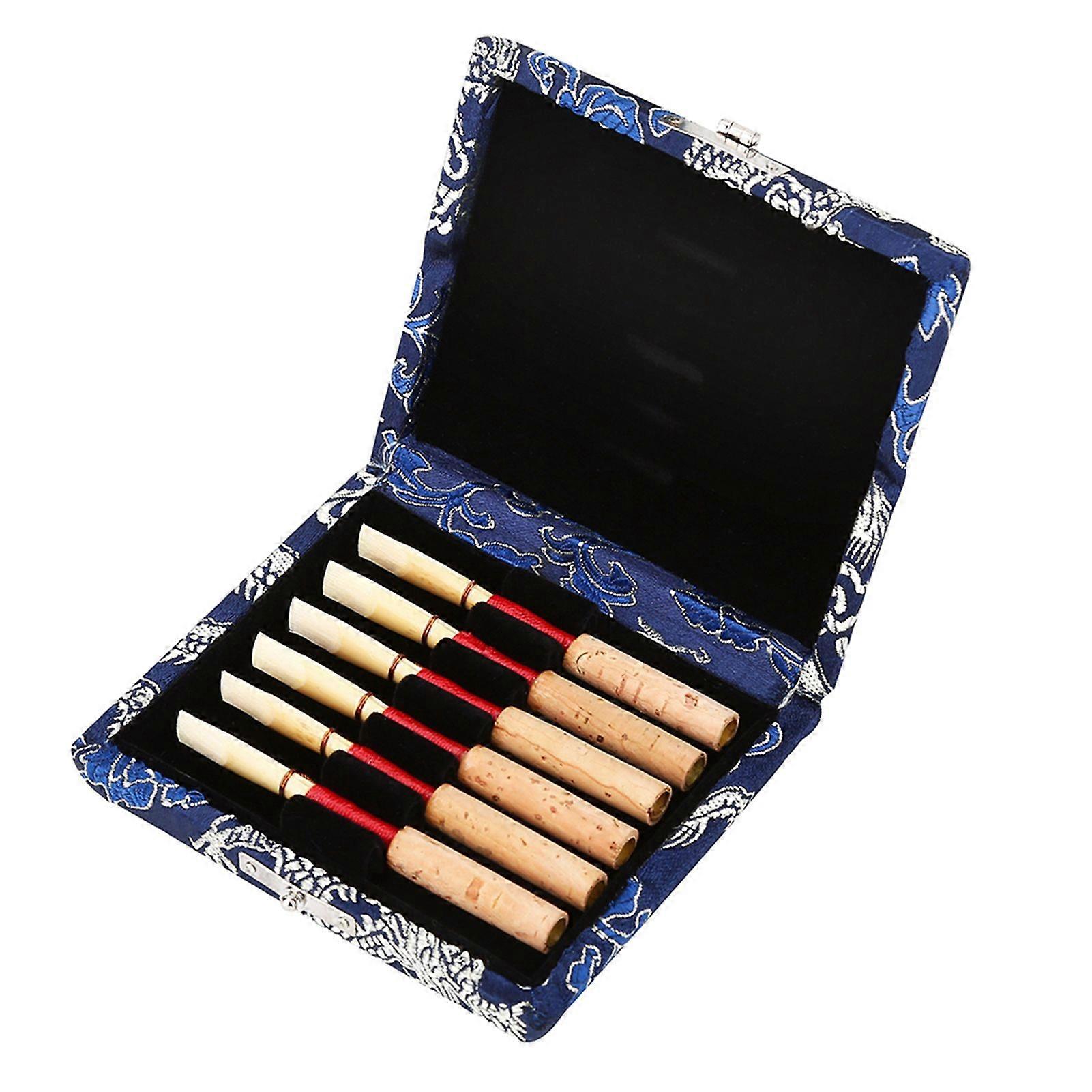 Wooden Silk Cloth Cover Reed Case Holder Storage Box for 6pcs Oboe Reeds Blue