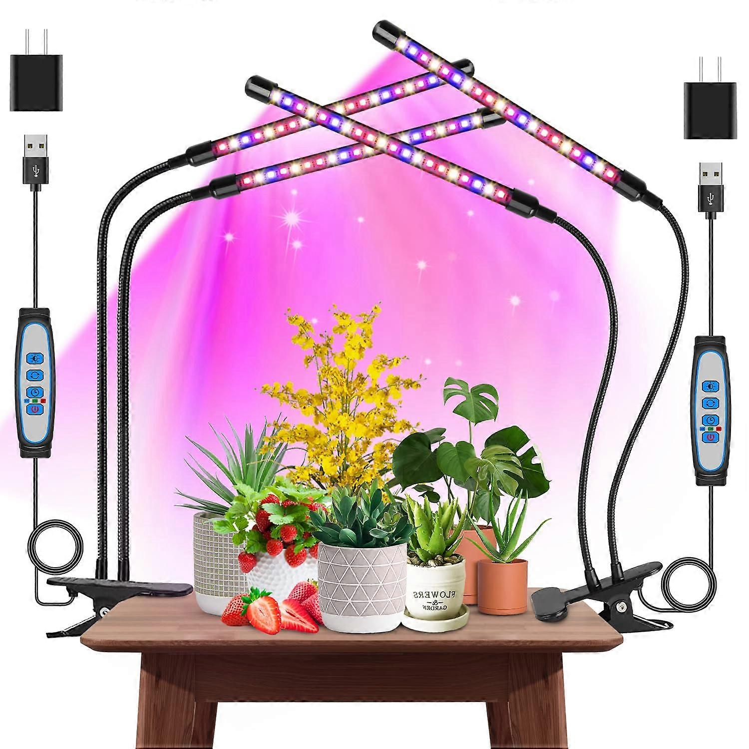 LED Grow Lights Full Spectrum 2 Pack, 2 Heads Clip Plant Light with 80 LEDs, Auto ON/OFF Timer, 5 Dimmable Levels, Red Blue 3000K