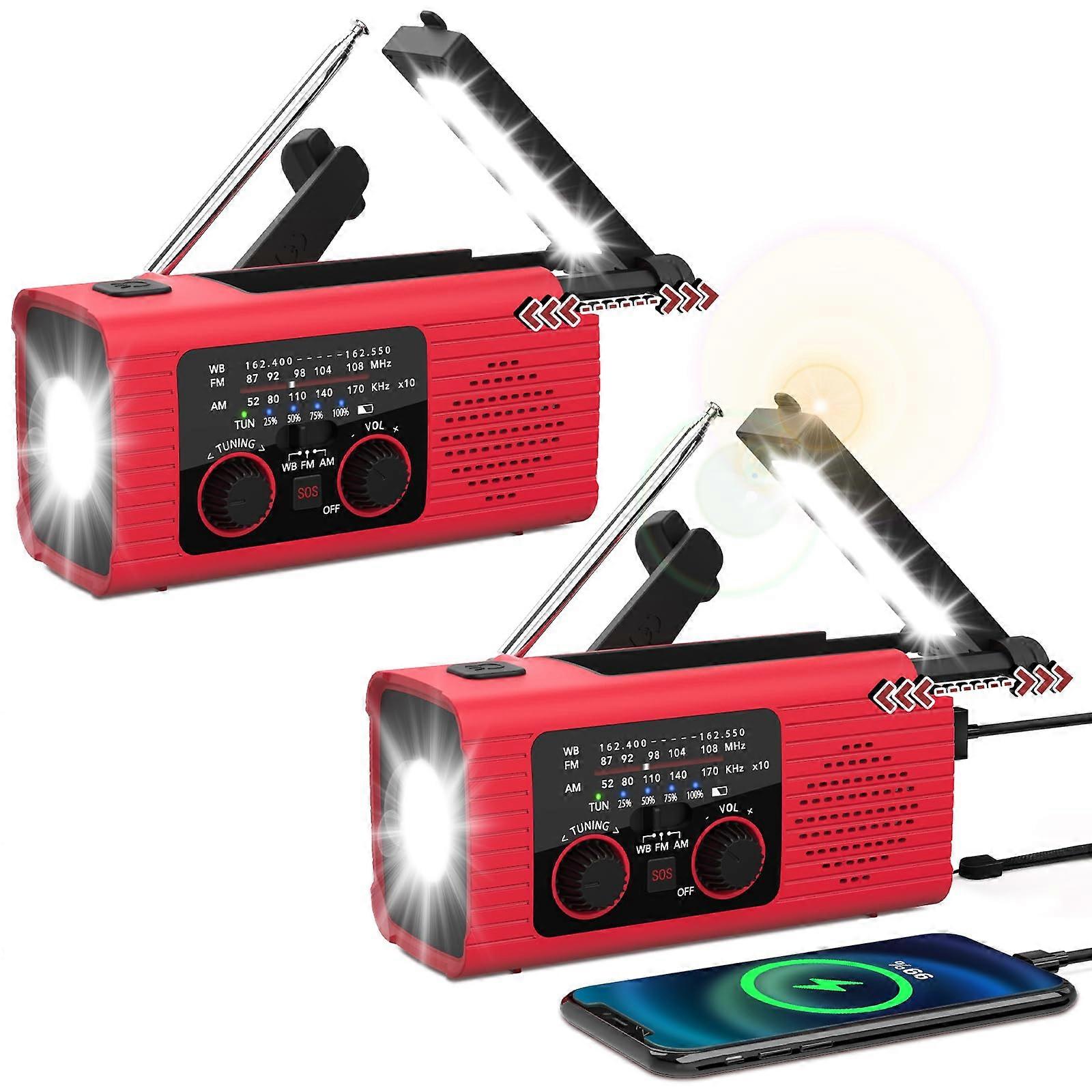 NOAA AM FM Radio With 4000mAh Power Bank, USB Solar Hand Crank, Flashlight, SOS Alarm, Reading Lamp (Pack Of 2)