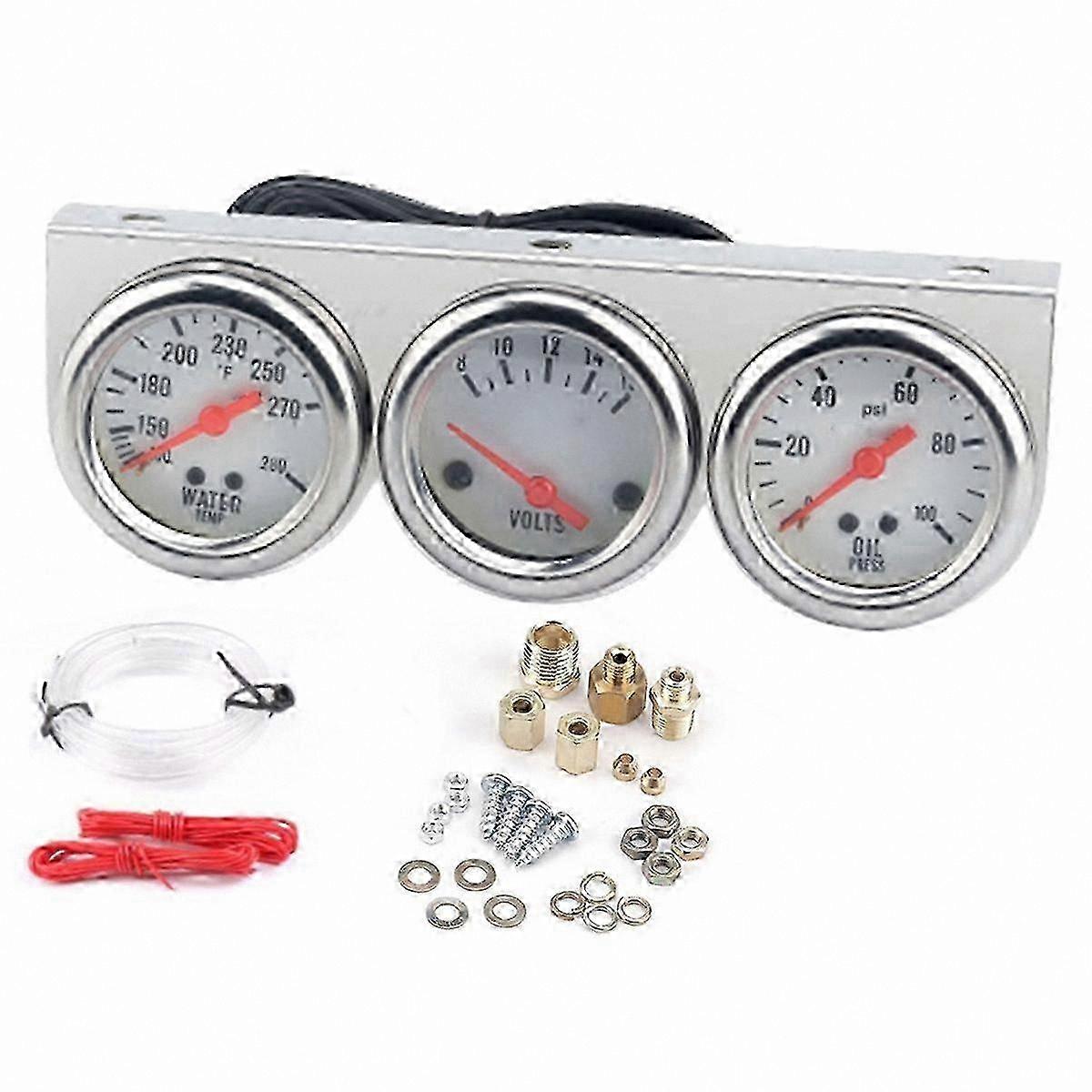 2 Inch Chrome Gauge Set for Oil Pressure, Voltage, and Water Temperature Monitoring with Triple Display Functionality