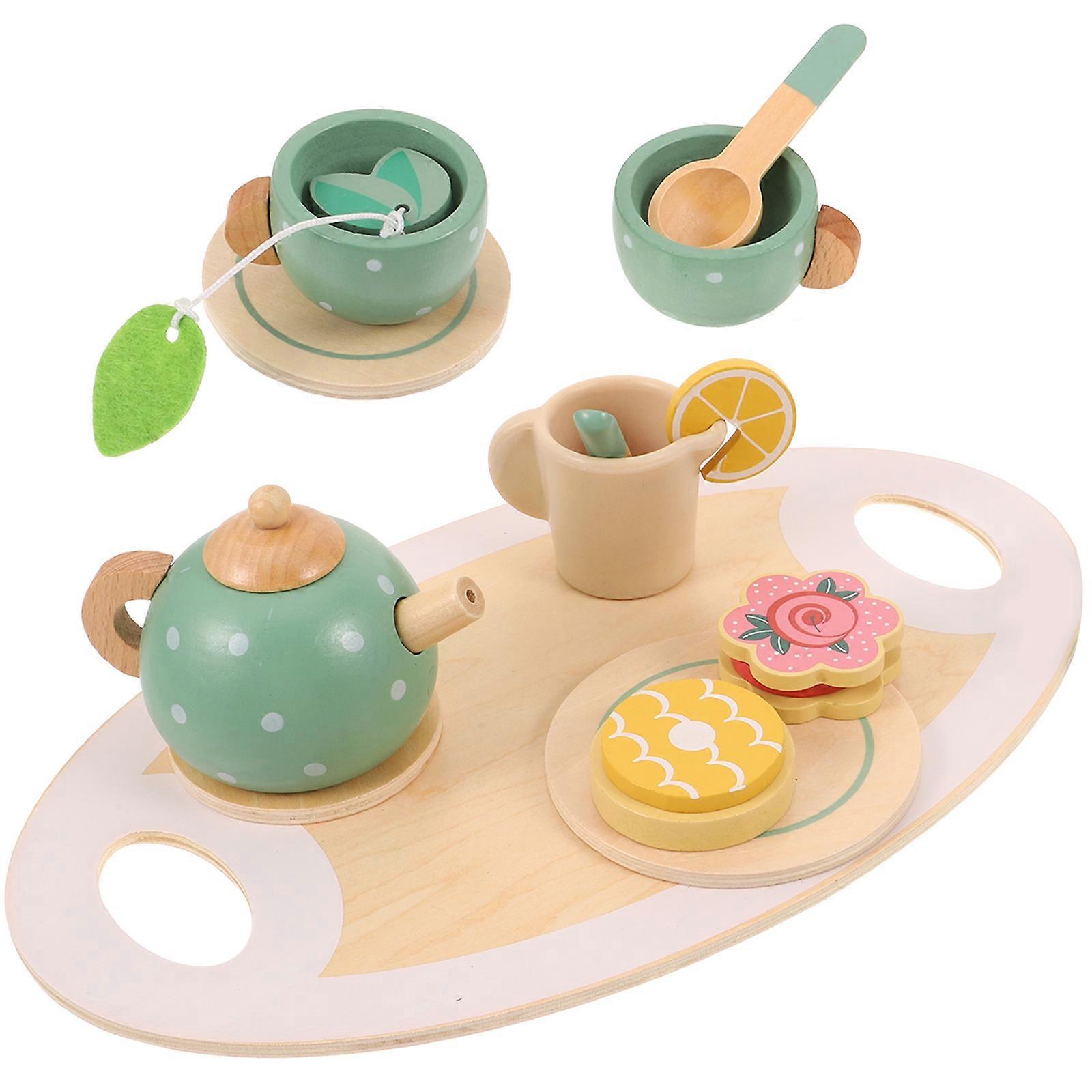 Children Tea Party Playset 2 Sets Of Wood Teaware For Kids With Realistic Shapes And Social Skills Development