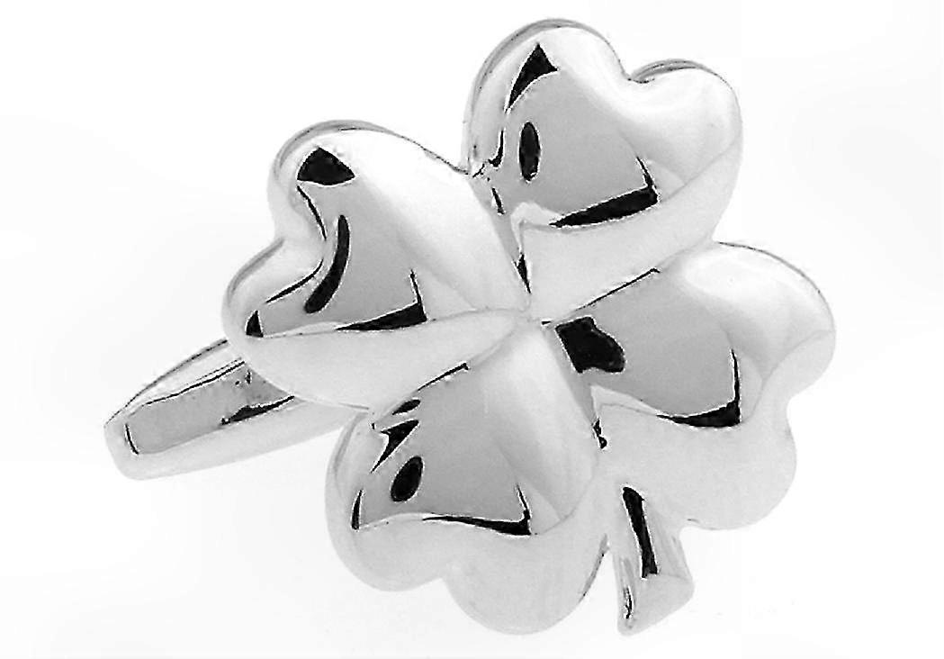 Four Leaf Clover Silver Cufflinks Set with Shamrock Gift Box and Polishing Cloth for Men