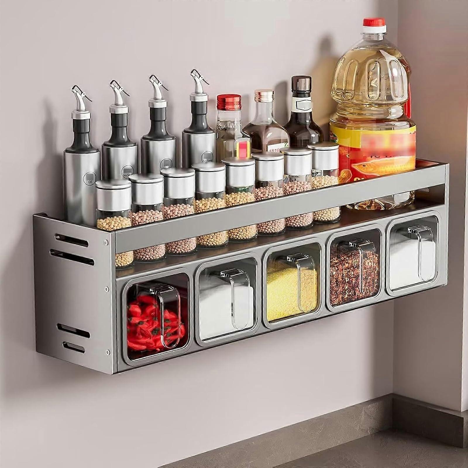 Spice Rack WallMounted With 5 Transparent Jars 5Grid Spice Holder For Pantry Cabinet And Kitchen Gray