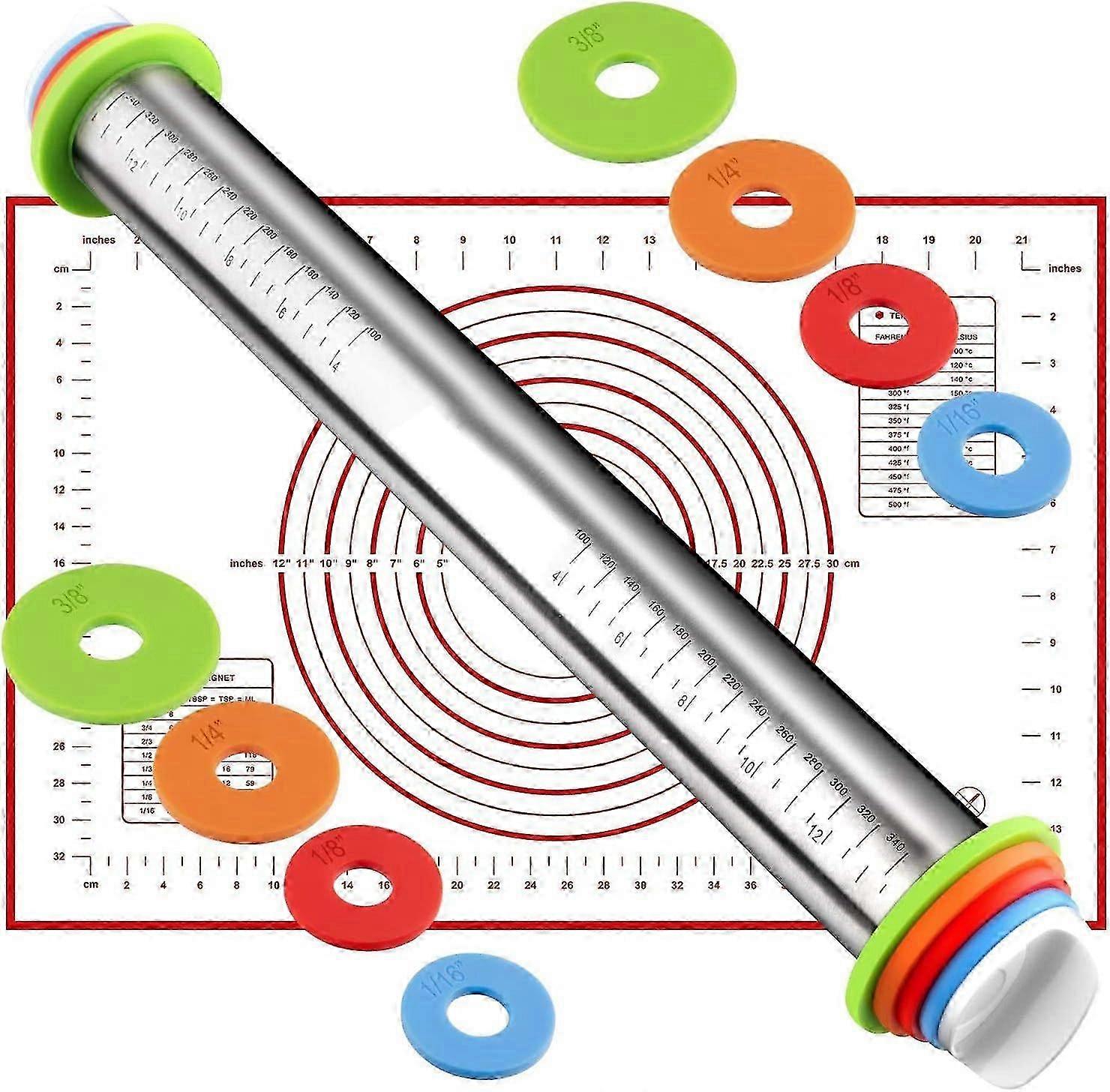 25-26 Professional Stainless Steel Rolling Pin with 4 Pairs Adjustable Discs, Measurement Marking and Silicone Baking Mat for Pastry, Pizza,