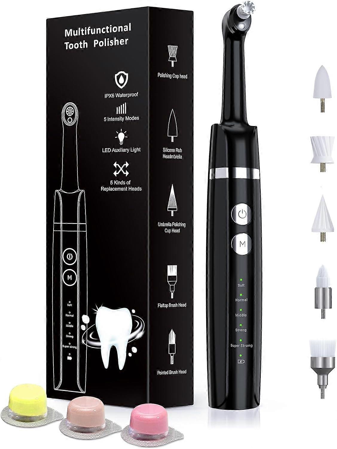 Tooth Polisher, Rechargeable Tooth Whitening Kit for Teeth Cleaning and Whitening, with 3 Tooth Polish Paste and 5 Brush Heads, LED Light, Easy to Us