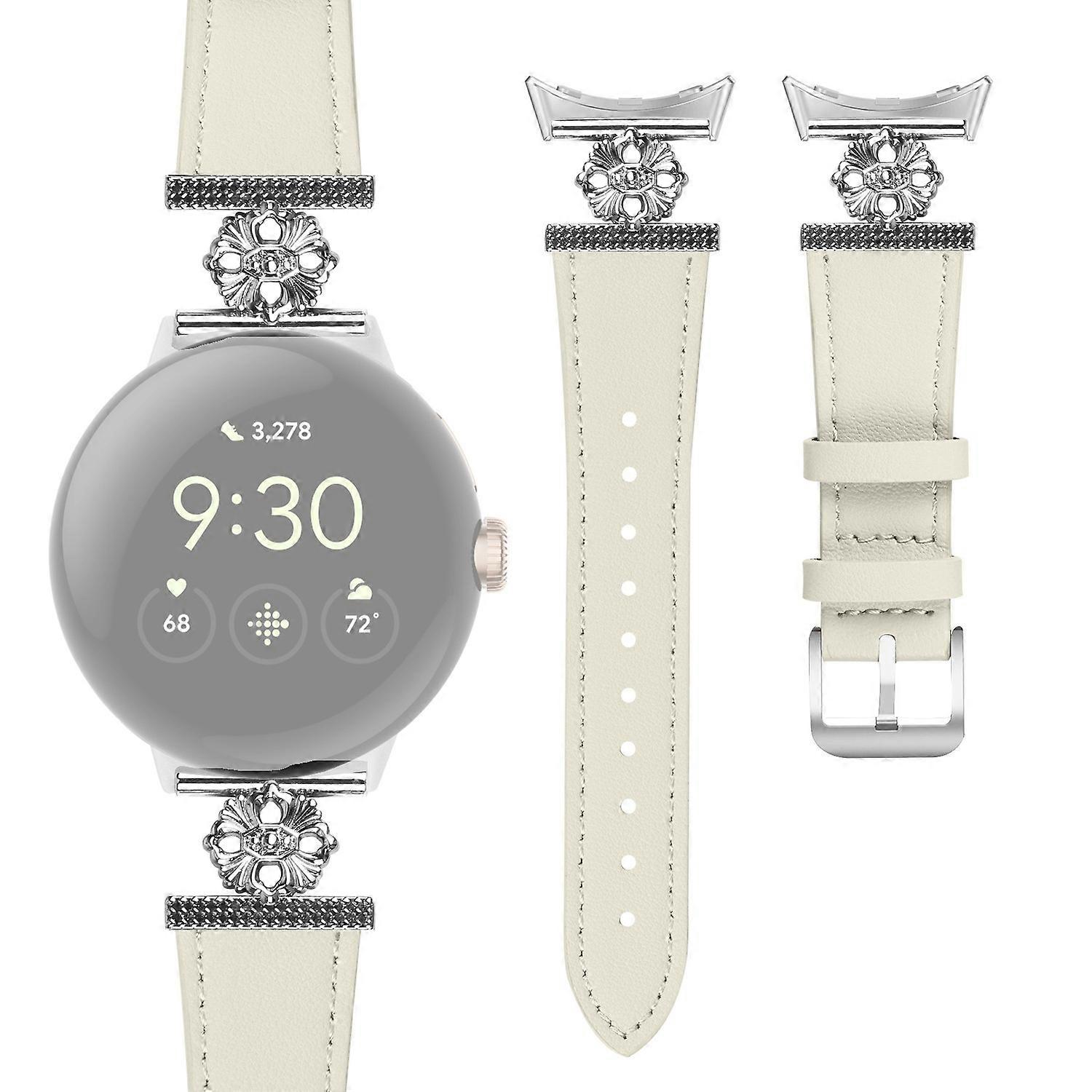 För Google Pixel Watch 2 Watch Band Äkta Cow Läder Blomma Dekor Justerbar rem