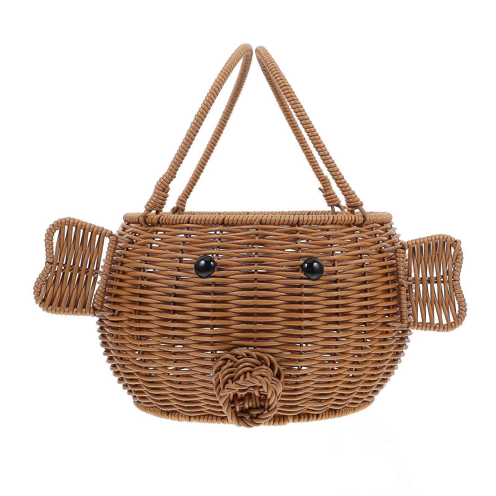 PP Pig Shape Fruit Basket for Storage Creative Hand-Woven Picnic Basket