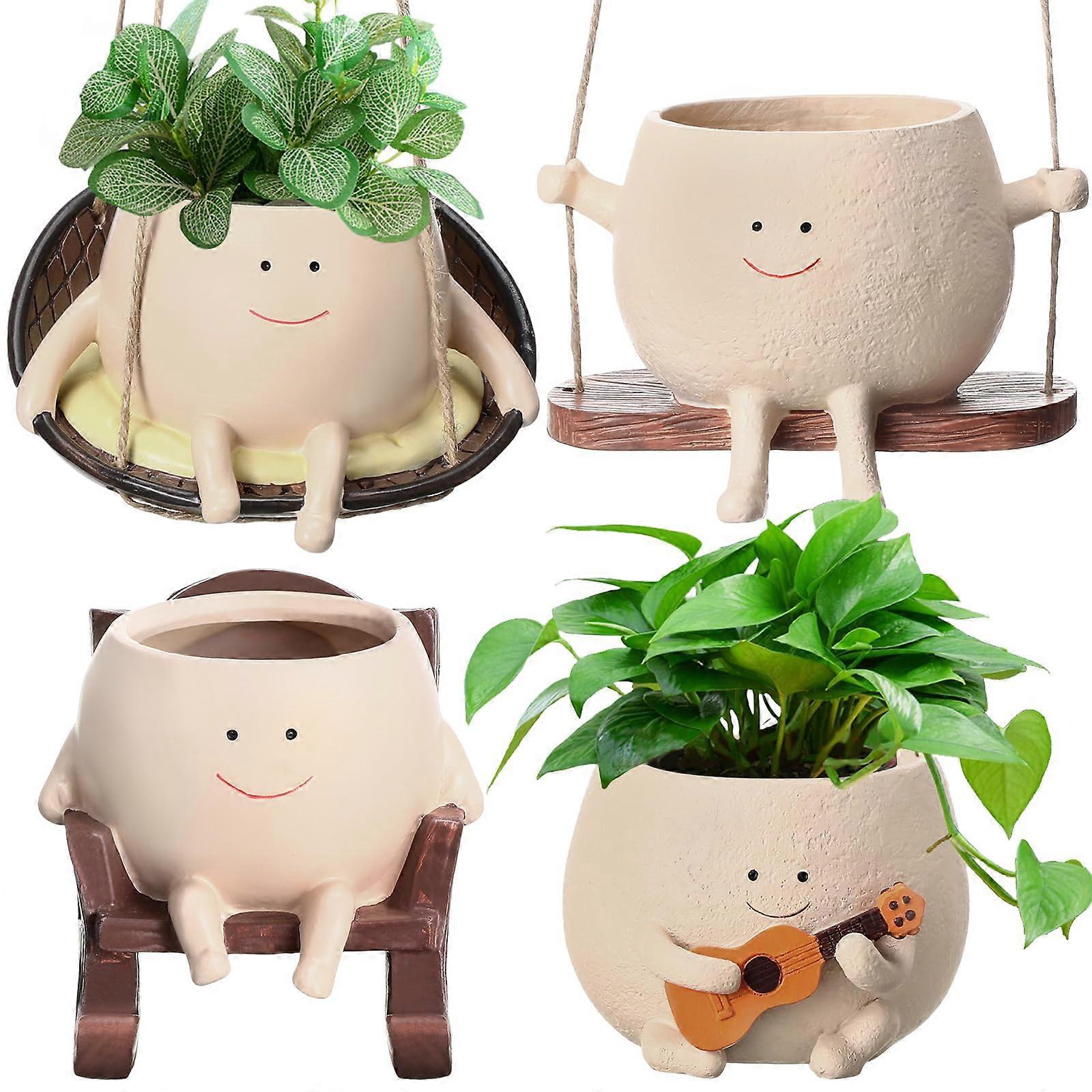 4 Pack Decorative Planter Pots with Cute Hanging Design, Fun Resin Succulent Pots with Drainage