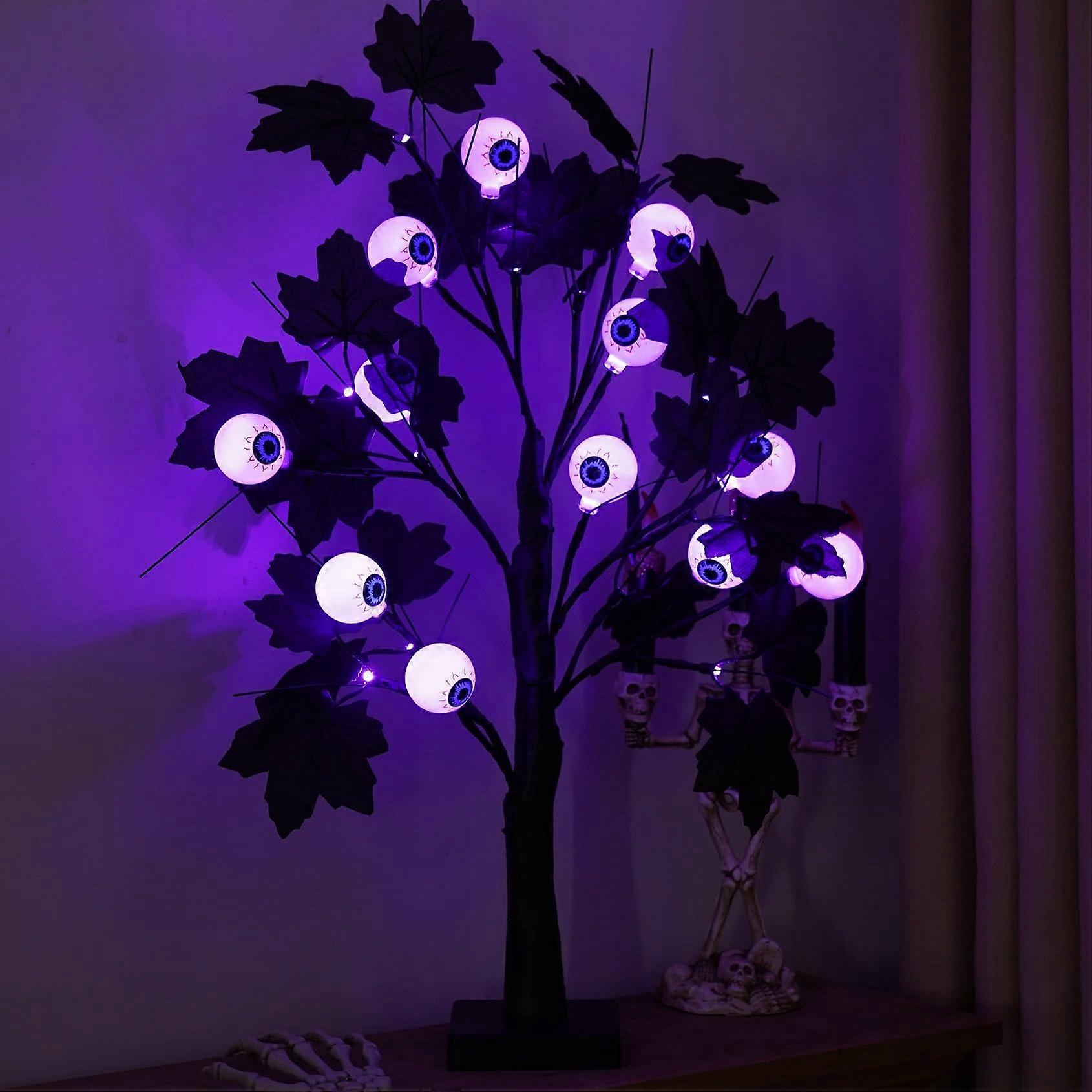 Halloween Tabletop Decoration Black Eyeball LED Tree with Purple Glow, USB or Battery Powered Centerpiece