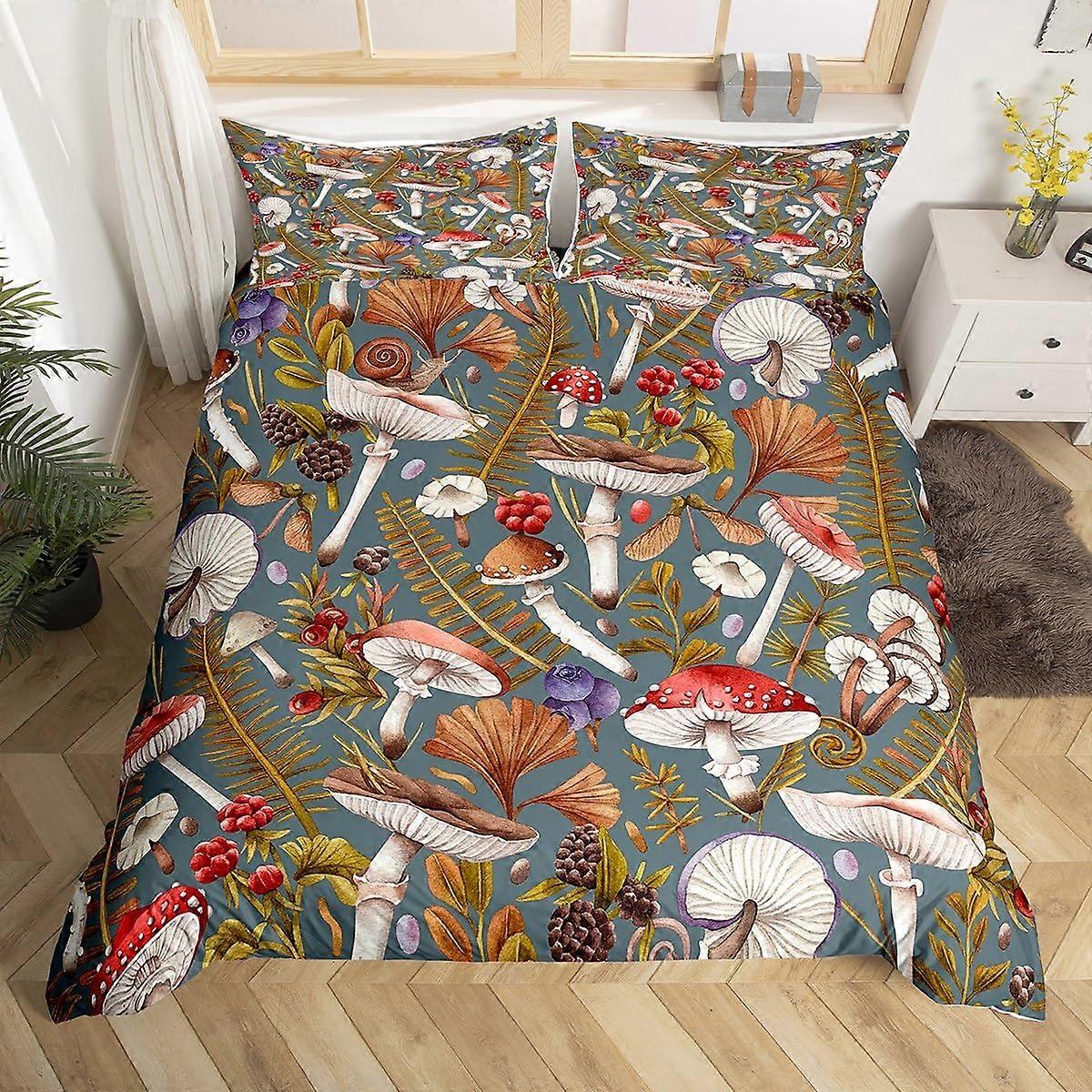 Twin Duvet Cover Set with Pillowcases, Botanical Mushroom Print Bedding, Zipper Closure, Twin Size