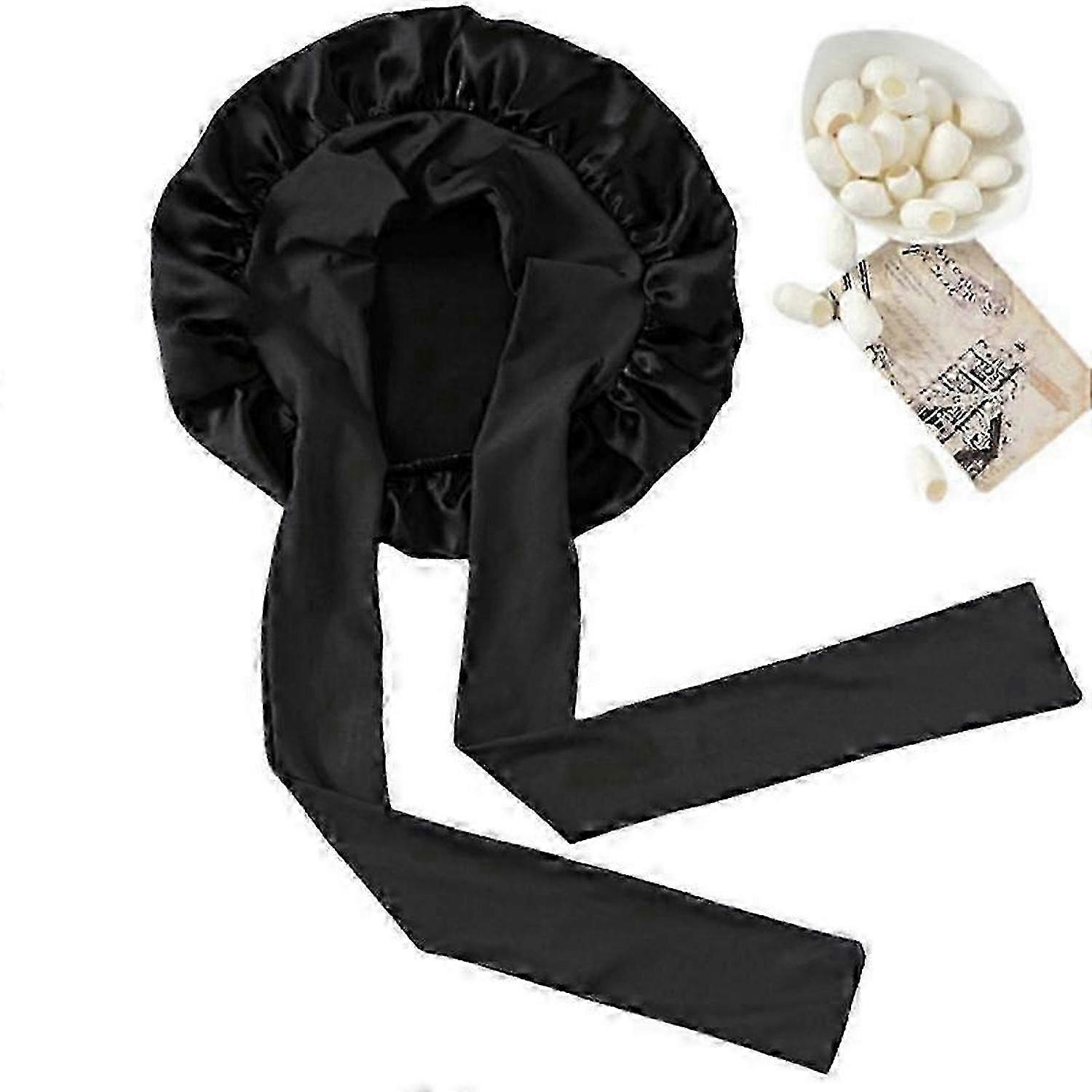 Silk fleece night cap and cap, Black