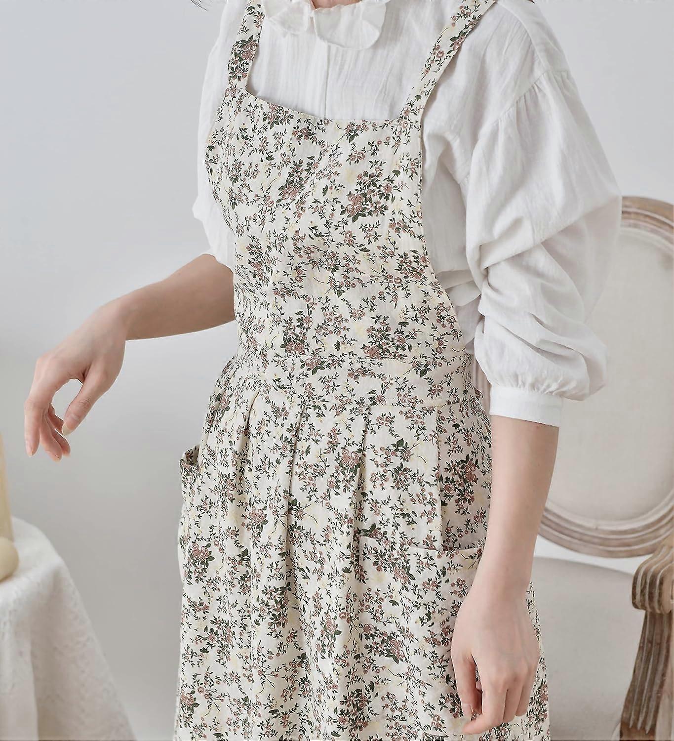 Floral Cotton Waterproof Kitchen Apron with Pockets, Adjustable Full Coverage Cooking Chef Apron
