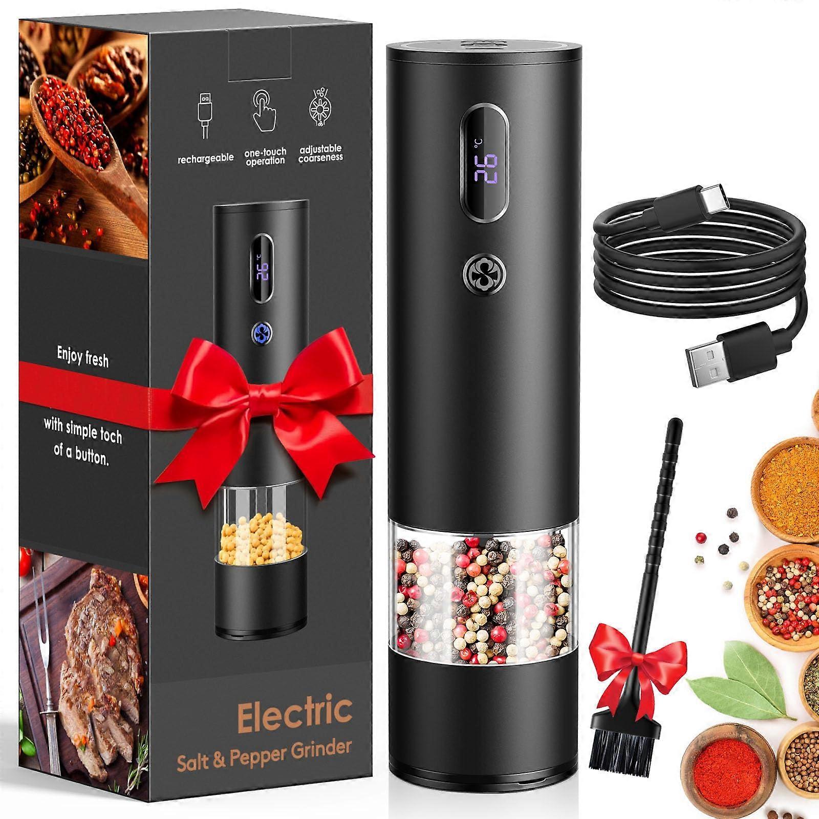 Electric Pepper Grinder with LED Light, USB Rechargeable, One Hand Automatic Salt and Pepper Mill