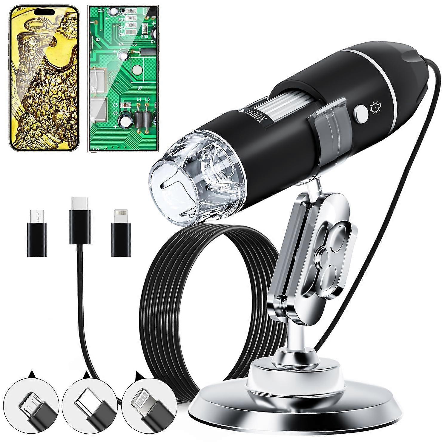 USB Digital Microscope 1600x with Stand, Handheld Inspection Camera 8 LED HD for iOS Android