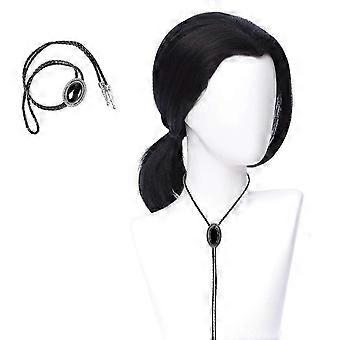 Mens 70s hippie Short Straight Black Vincent Vega Costume Wig with Widows Peak + 1 Bolo Tie Black
