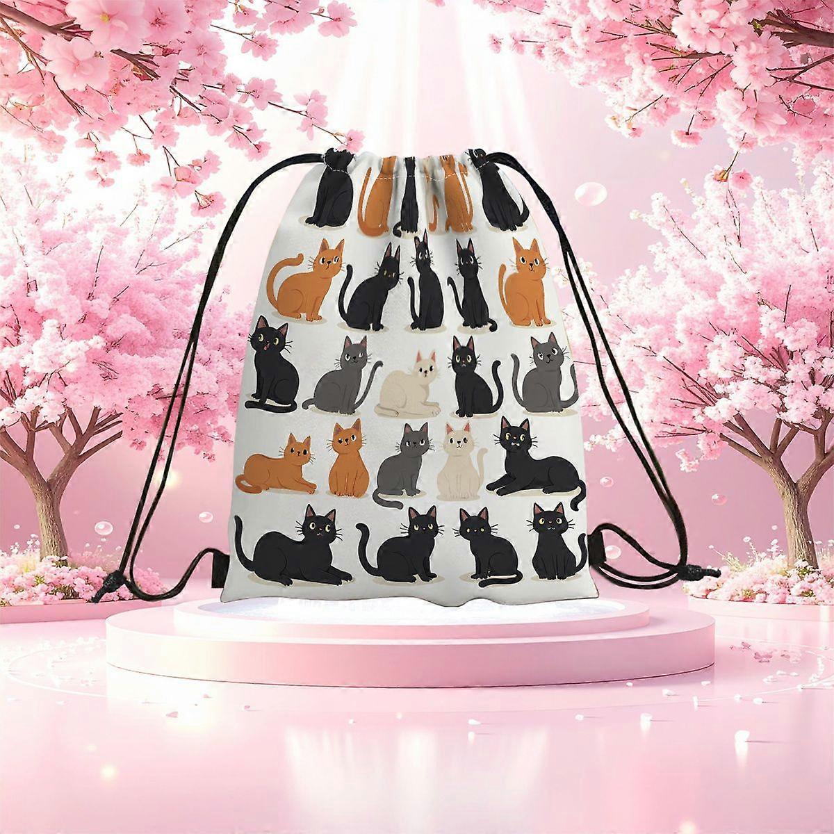 2D Flat Drawstring Bag, Cat Pattern Drawstring Backpack - Large Capacity Foldable Backpack, Colorful Kitten Pattern on W-Cqazw