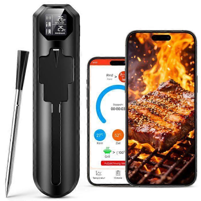 Wireless dual-sensor kitchen thermometer, timer and alarm, suitable for cooking methods such as grilling.