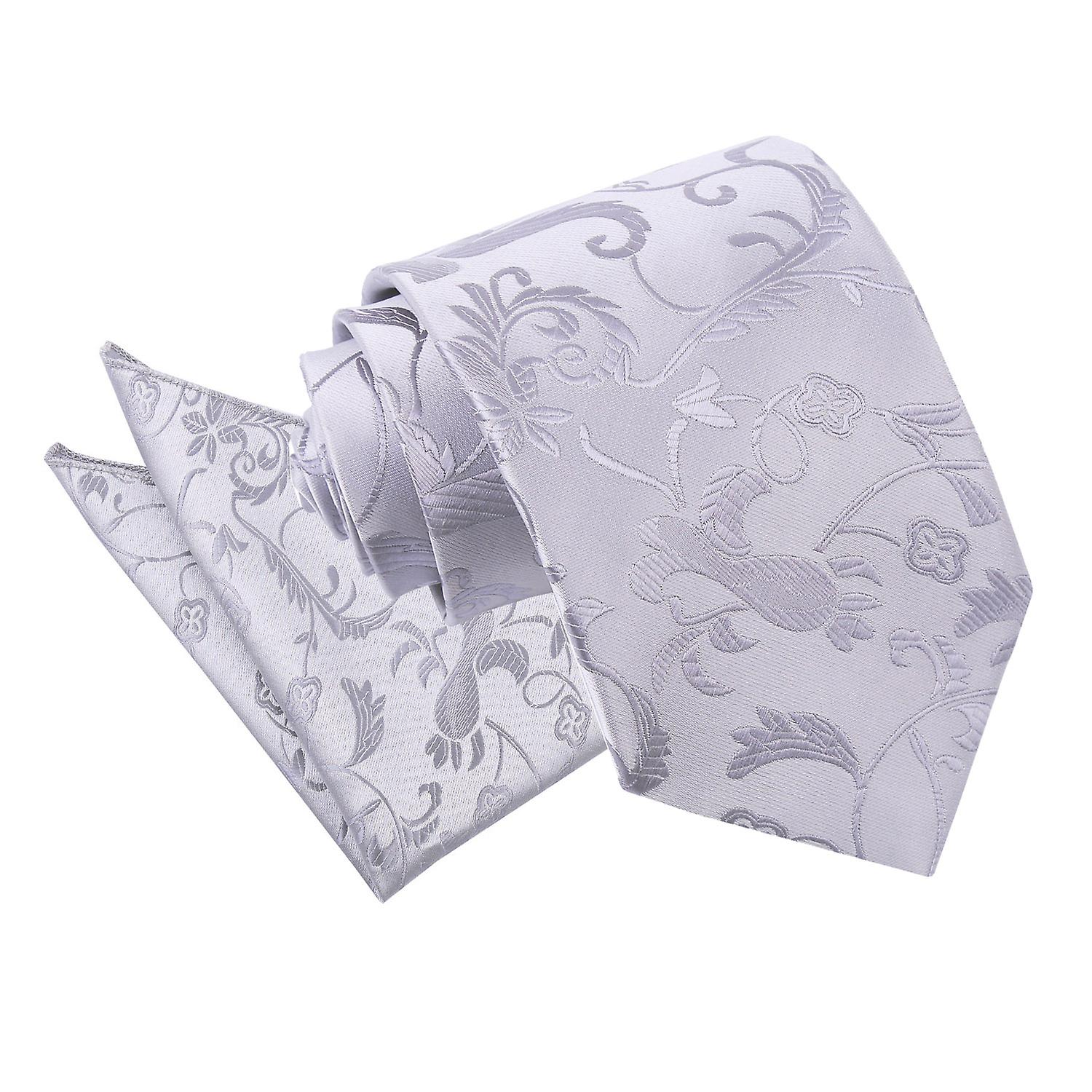 Silver Floral Tie and Pocket Square Set