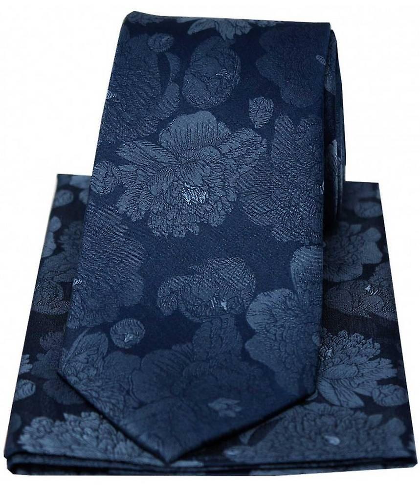 David Van Hagen Large Flowers Silk Tie and Hanky Set - Blue
