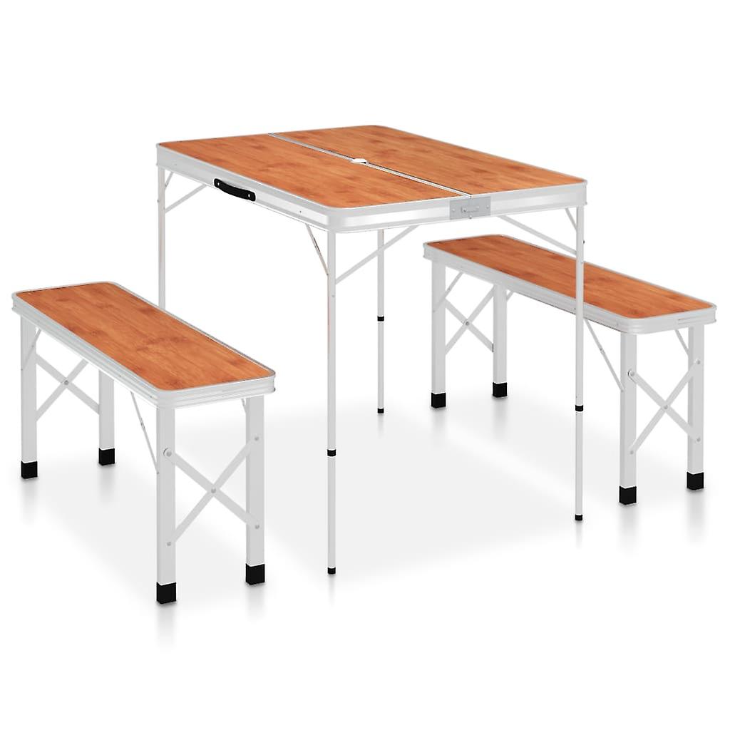 Folding camping table with 2 benches Aluminium Brown