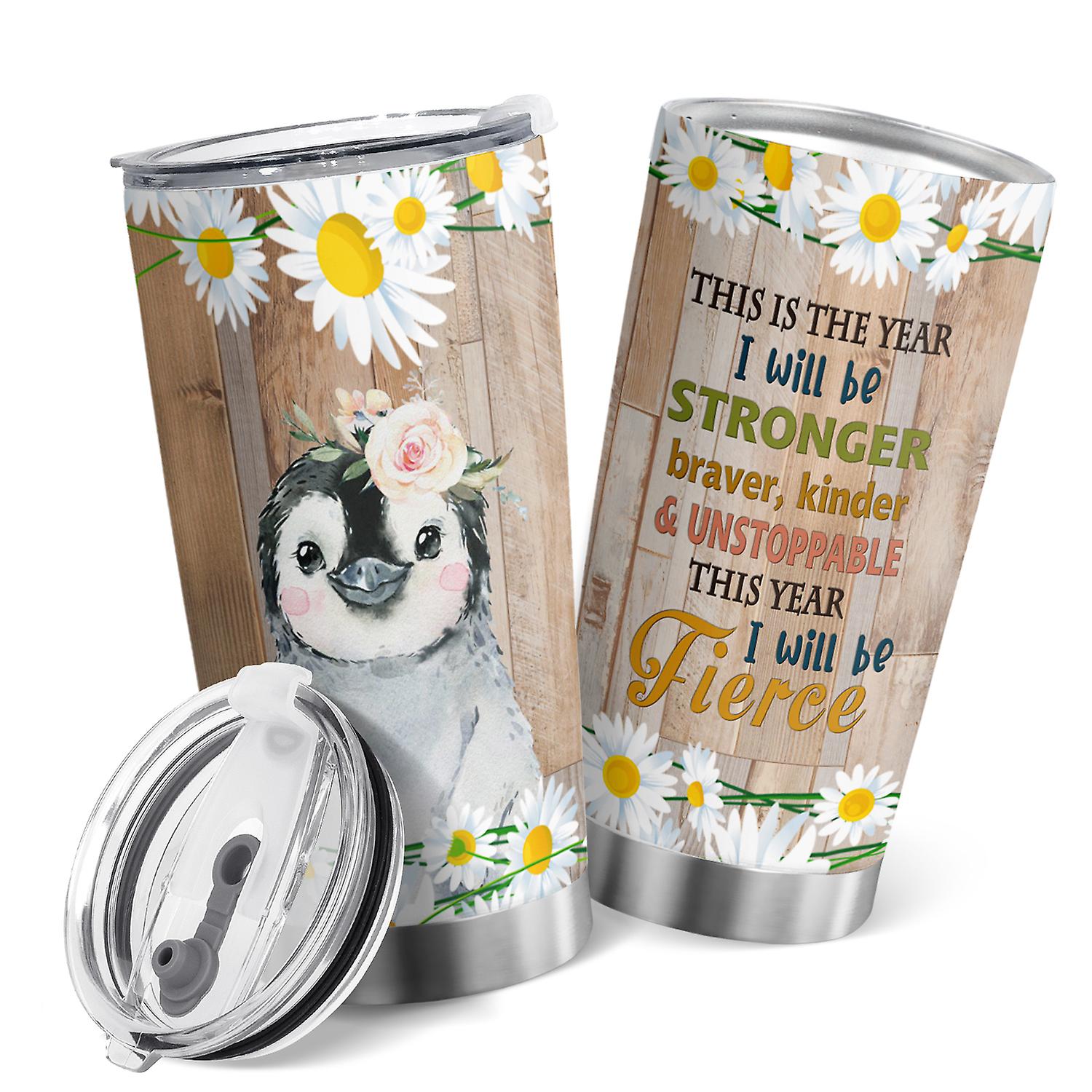 Oasisdream 20oz Penguin Chrysanthemum Tumbler Stainless Steel Double Wall Insulated Cup with Lid