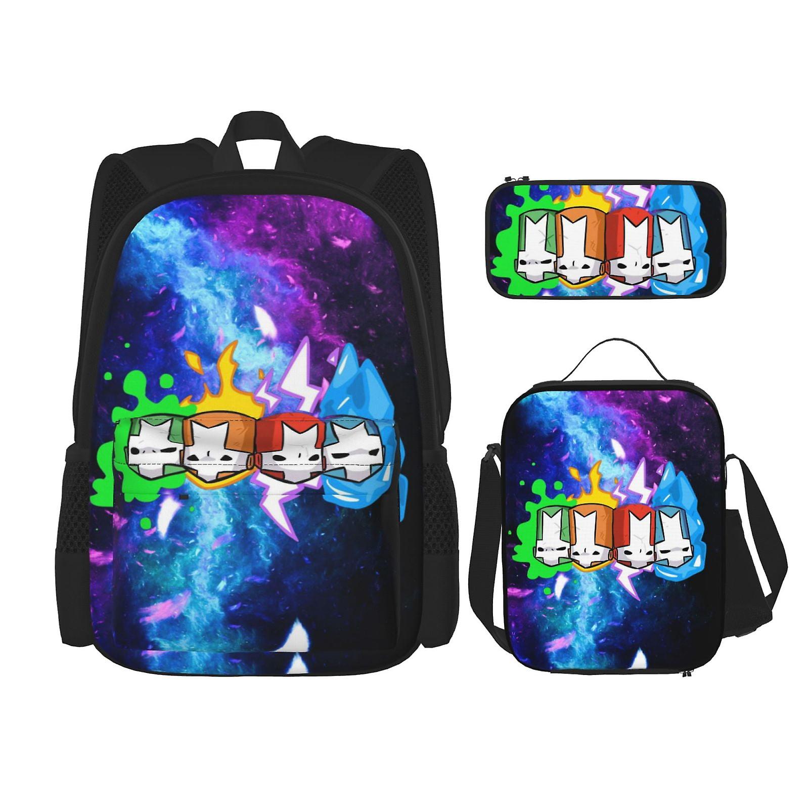 Castle Crashers Travel Camping Work Backpack  Basic Daypack Cute Anime Computer Bags Set 3 Piece Backpack With Lunch Box Pen Case