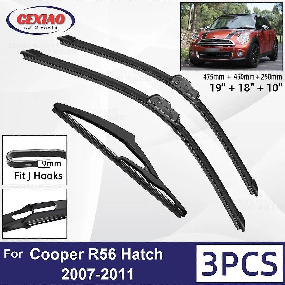 For MINI Cooper R56 Hatch 2007 ~ 2011 Car Front Rear Wiper Blades Soft Rubber Windscreen Wipers Auto Windshield 19"+18"+10" 2010 FN9U4023
