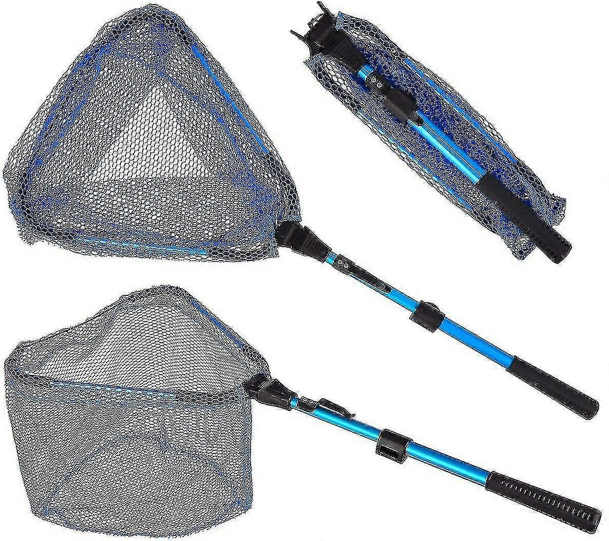 Portable Fishing Landing Net Foldable Collapsible Telescopic Aluminum Pole Handle And Safe Fish Catching Or Releasing For Durable And Nylon Mesh ,blue