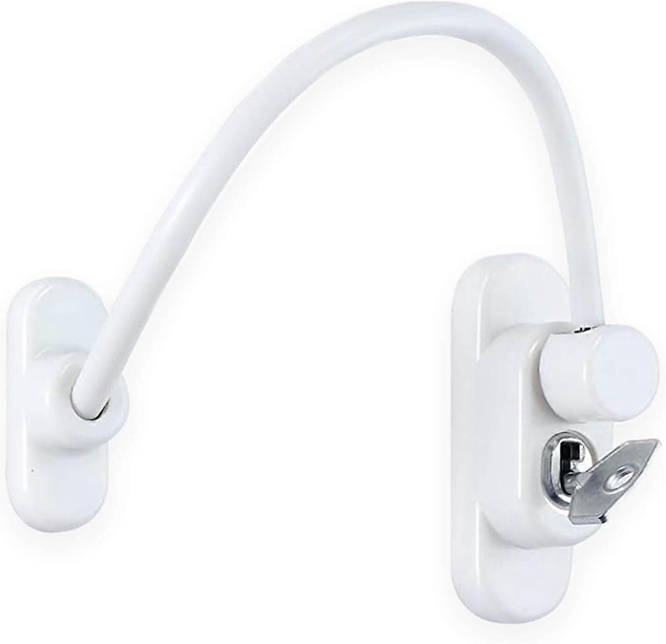 White lockable window restrictor with key, 20cm cable restricts windows opening to 100mm to prevent injury or burglary, durable lock for security.