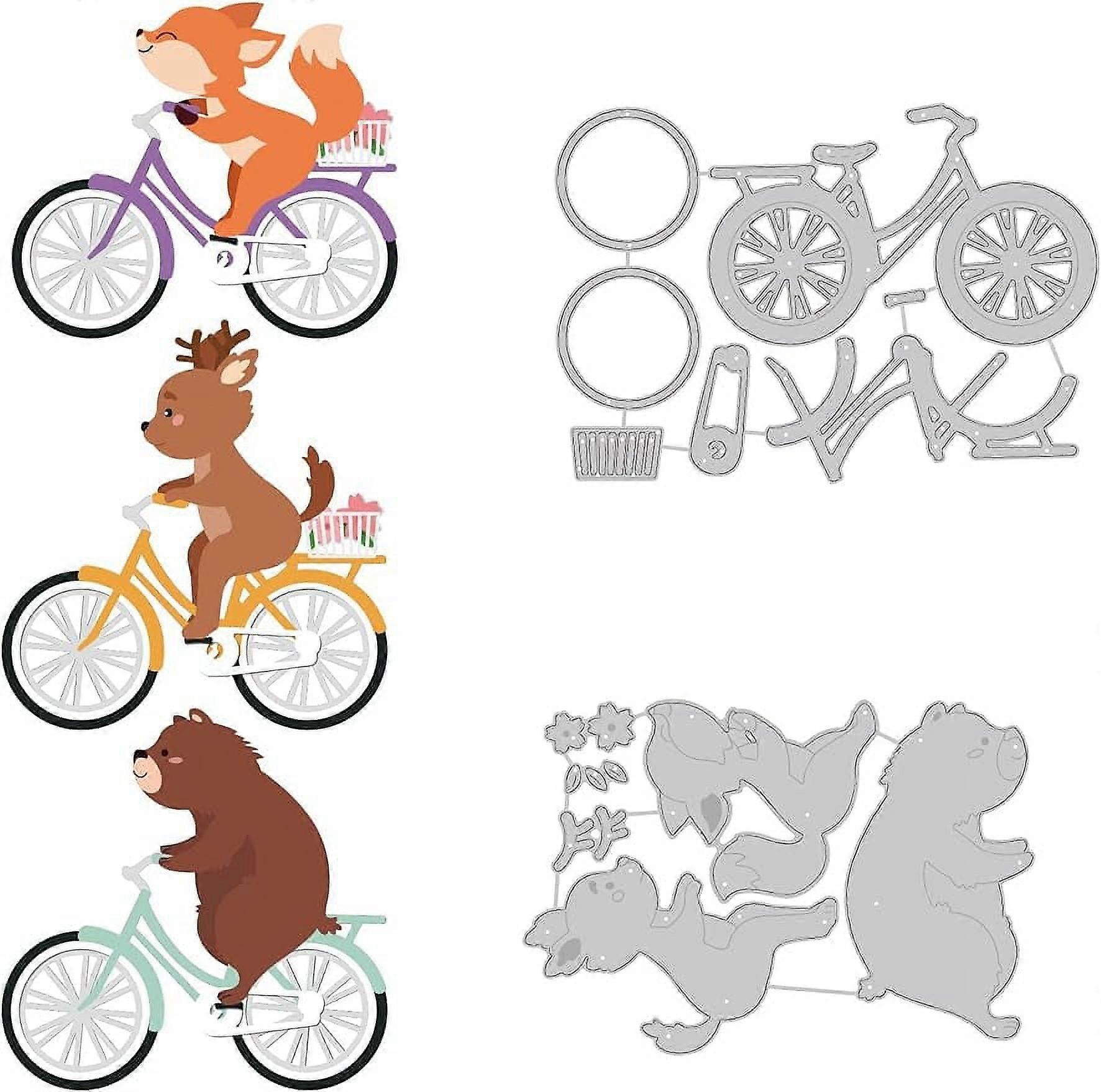 2 Styles Animals on Bikes Metal Cutting Dies Monkey Deer Bear Riders Die Cuts Stencils for Card Making Templates Embossing Scrapbooking Album Paper Cr