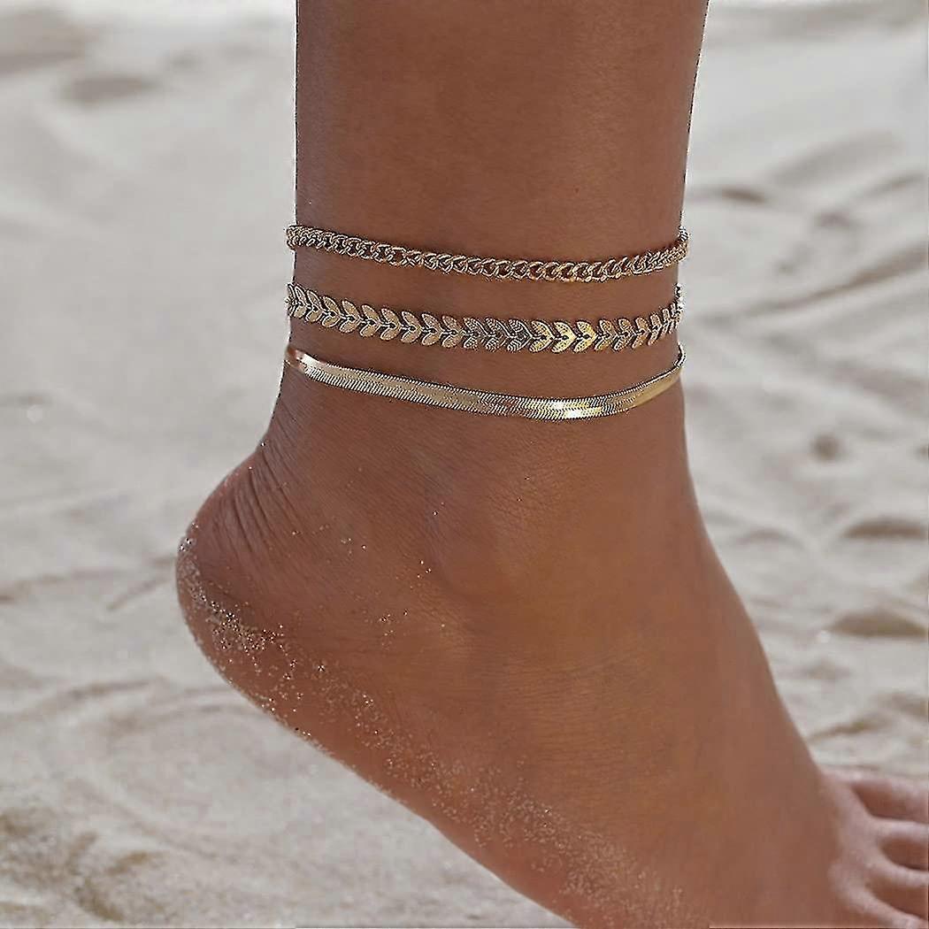 Boho Leaf Anklet Gold Fishbone Ankle Bracelet Layered Anklet Set Summer Beach