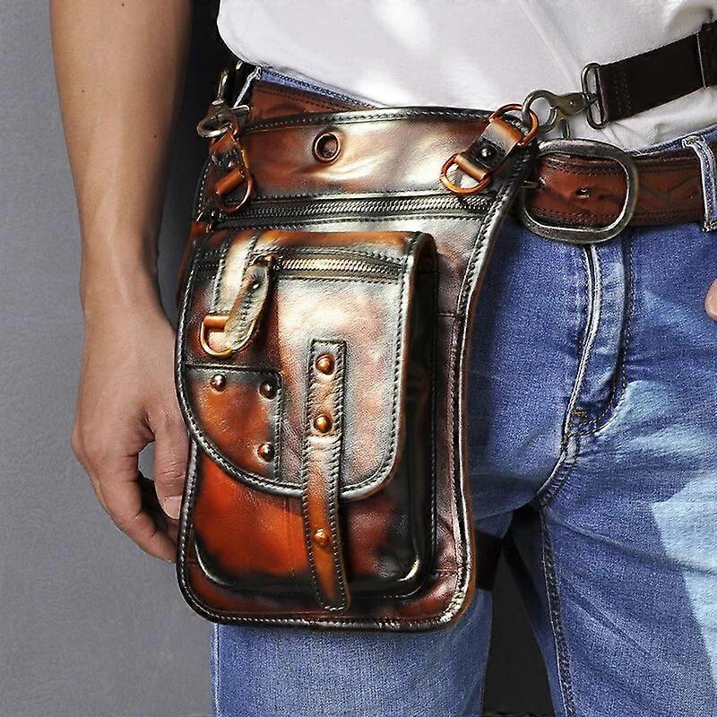 Norbinus Genuine Leather Men Waist Bag Fanny Packs Moto Thigh Drop Leg Bag Male Shoulder Messenger Bag Hip Belt Hook Pouch Orange