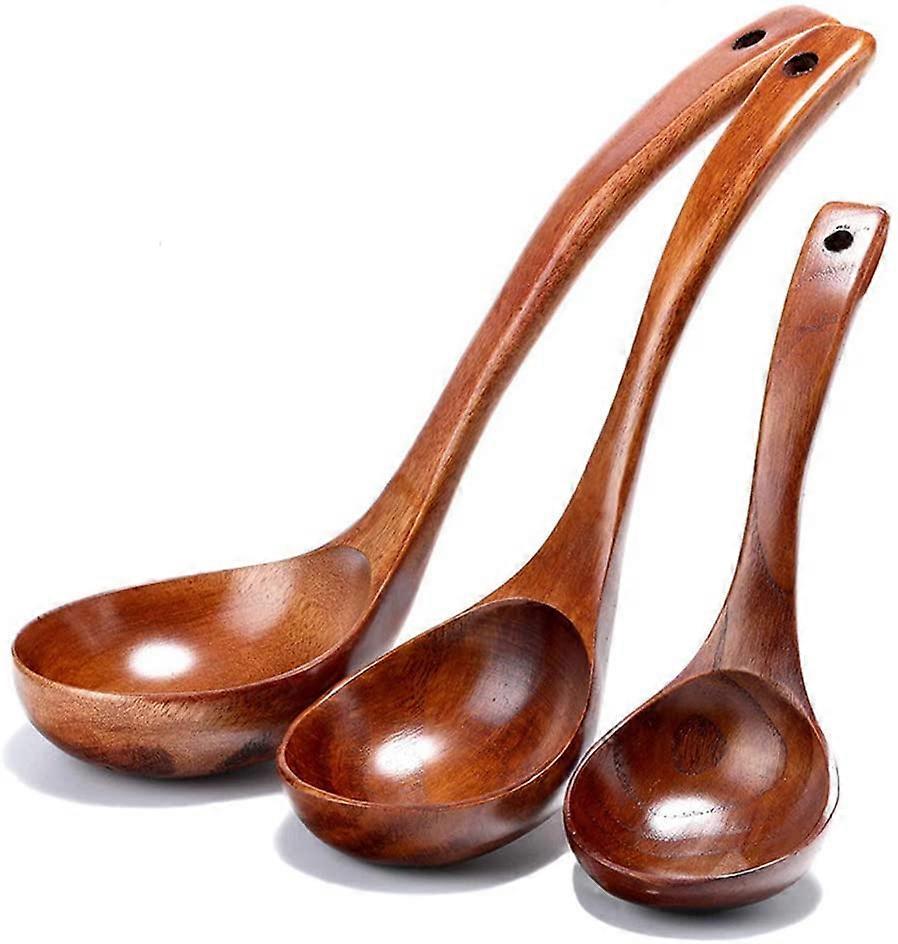 ملاعق شوربة خشبية ملاعق مغرفة خشبية طبيعية ملعقة مقبض طويل 3 قطع إناء مطبخ خشبي