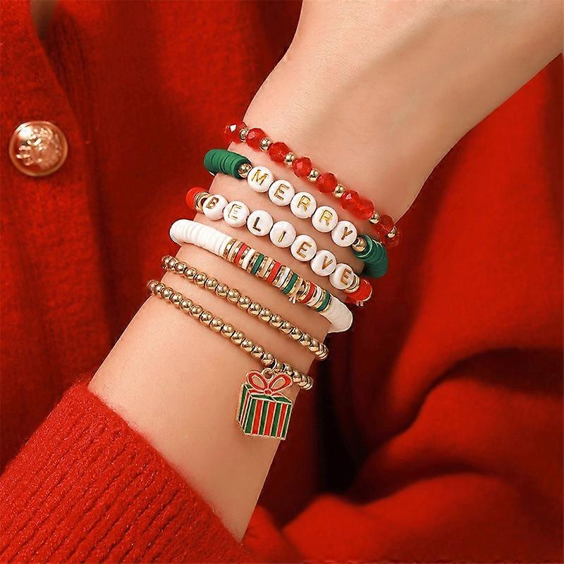 1Set Fashion Christmas Bracelet Multiple Layers Stacked Beaded Elastic Bracelet For Women Girls Vers