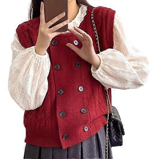 Women Fall Winter Vest Double-breasted Round Neck Solid Color Loose Sleeveless Knitted Elastic Soft Warm Thick Buttons Twisted Flower Pattern