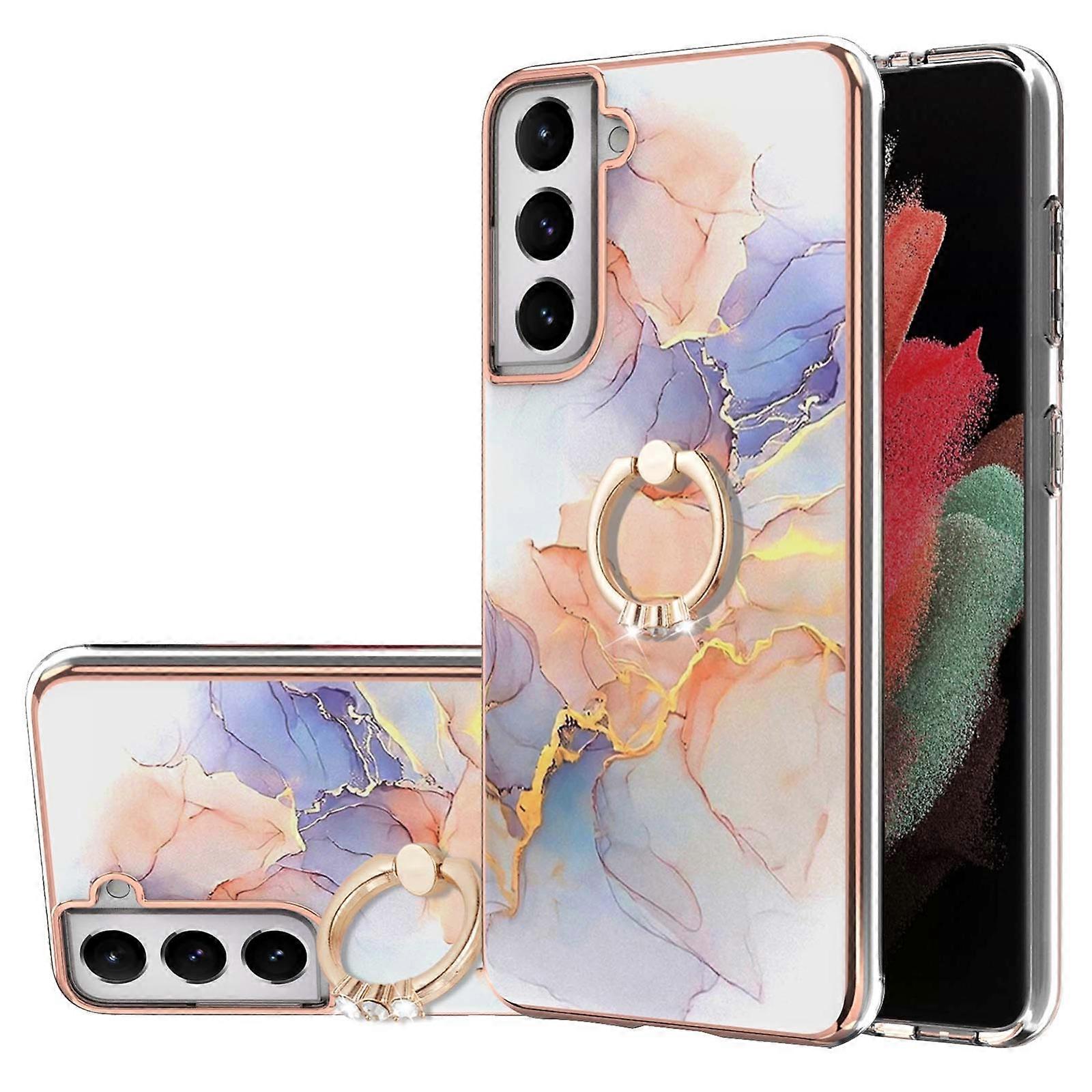 For Samsung Galaxy S21 5G Electroplating Pattern IMD TPU Shockproof Case with Rhinestone Ring Holder